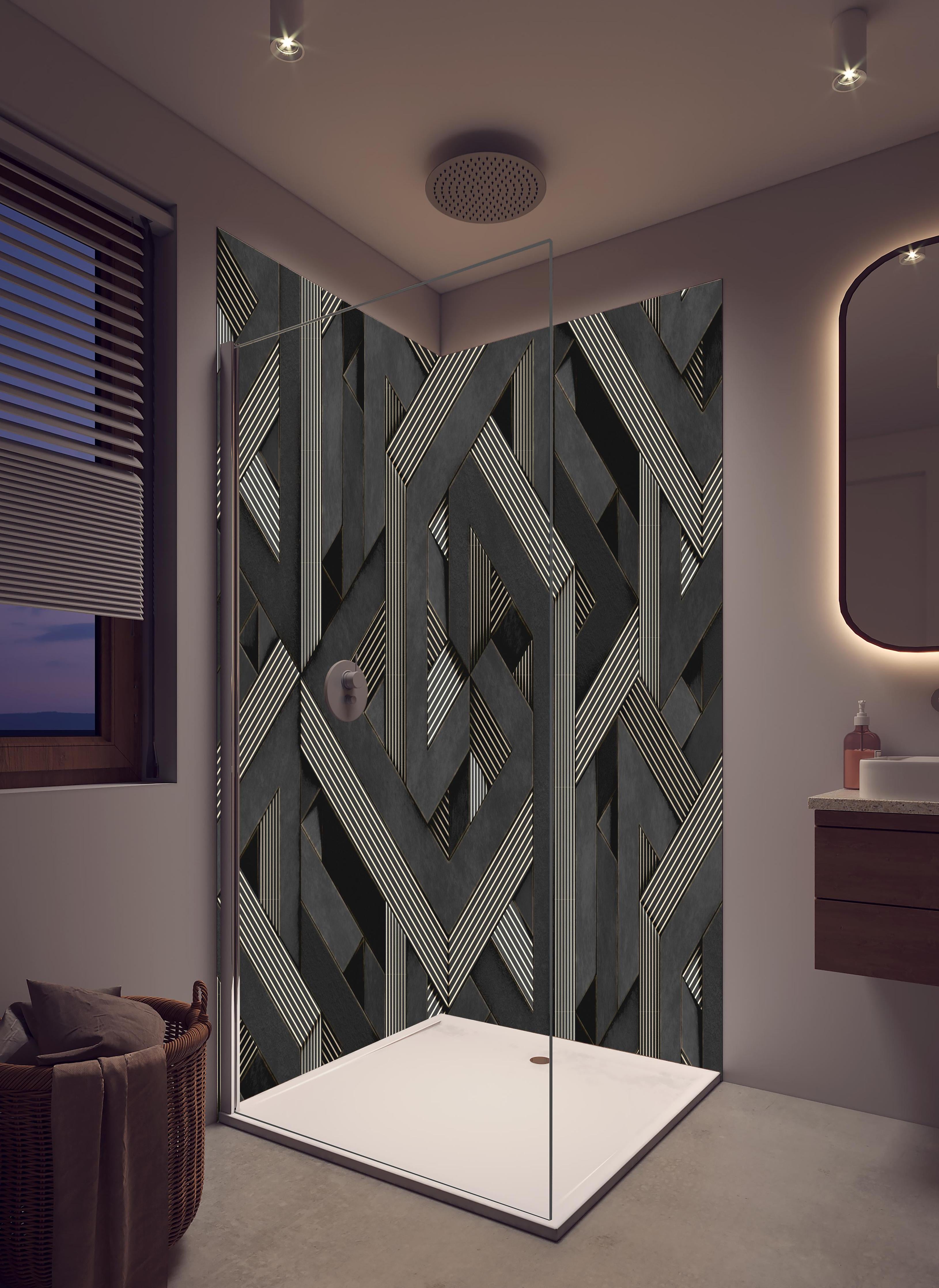 Duschrückwand - 3D Tapeten Muster in hellem Badezimmer mit Regenduschkopf - zweiteilige Eck-Duschrückwand