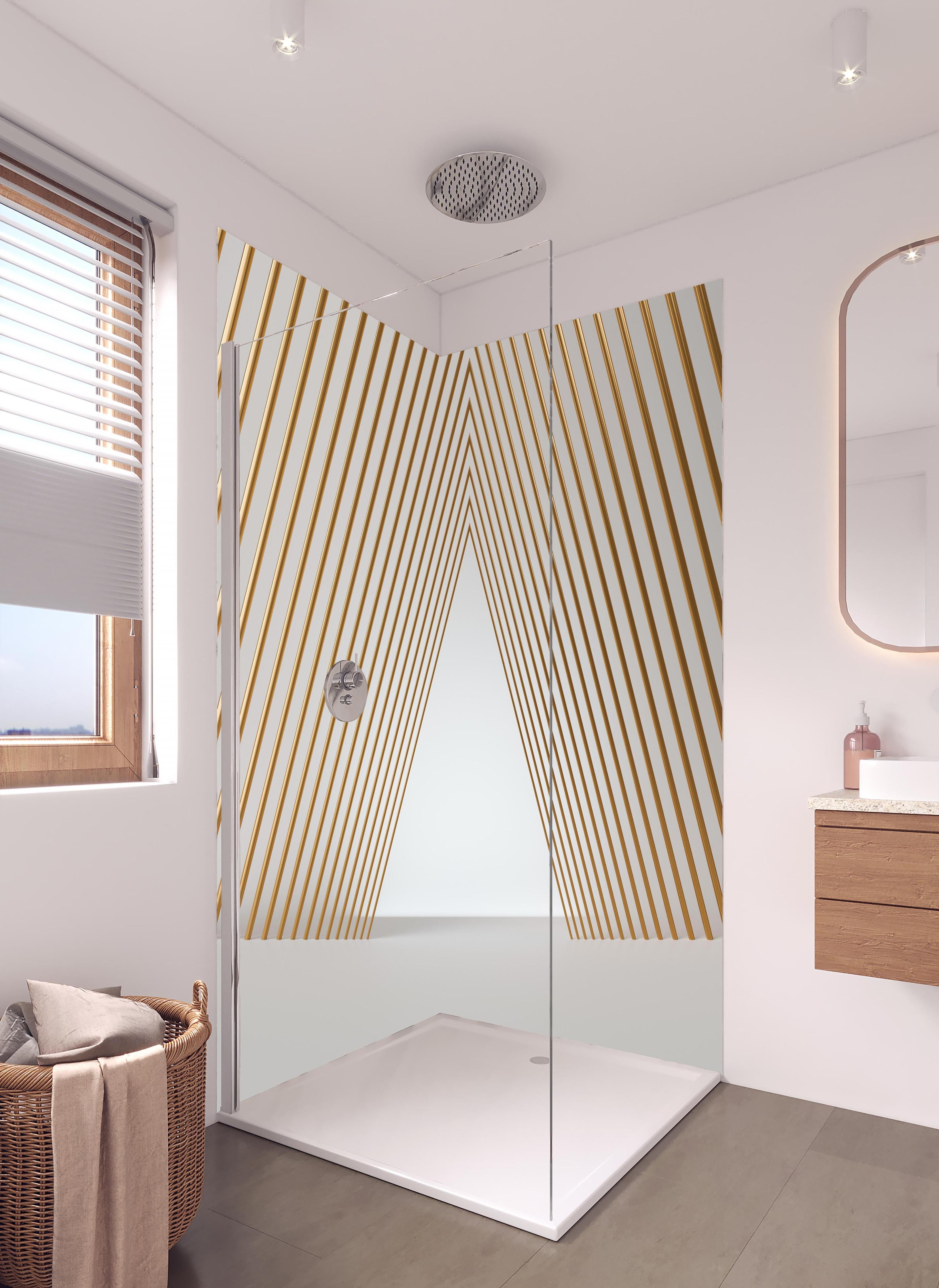 Duschrückwand - 3D-Tunnel aus goldenen stützen in hellem Badezimmer mit Regenduschkopf - zweiteilige Eck-Duschrückwand