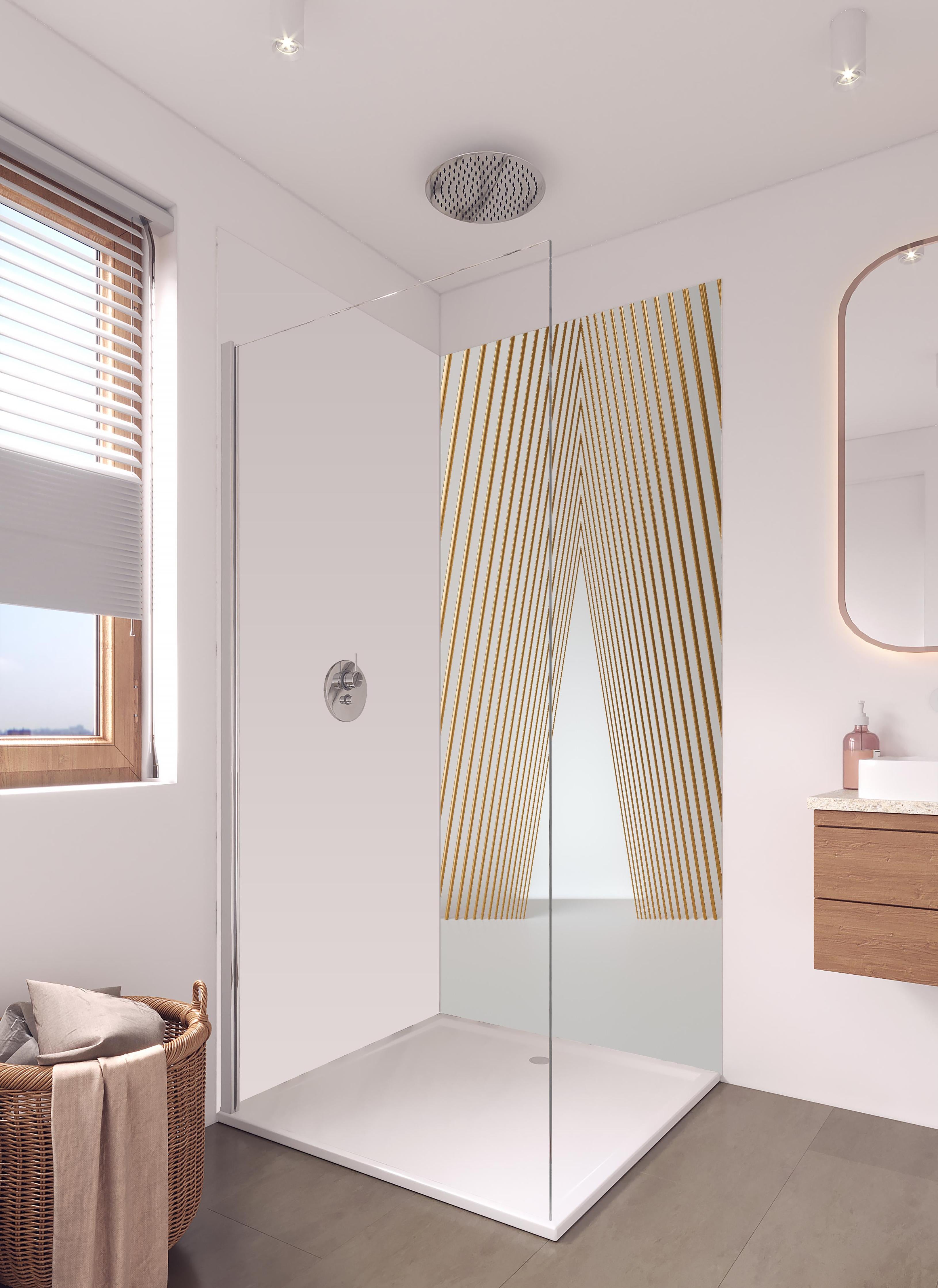 Duschrückwand - 3D-Tunnel aus goldenen stützen in hellem Badezimmer mit Regenduschkopf - zweiteilige Eck-Duschrückwand