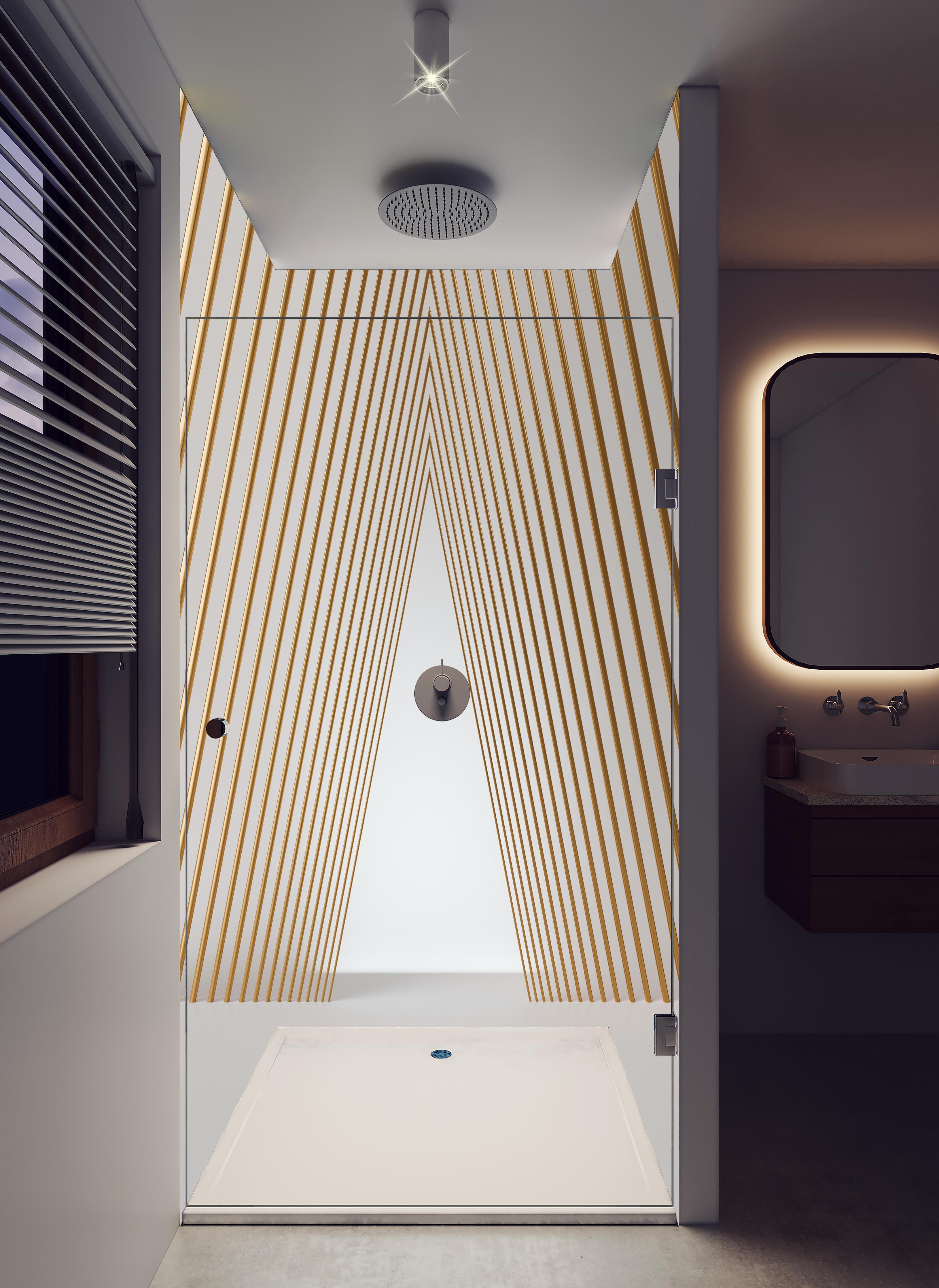 Duschrückwand - 3D-Tunnel aus goldenen stützen in hellem Badezimmer mit Regenduschkopf - zweiteilige Eck-Duschrückwand