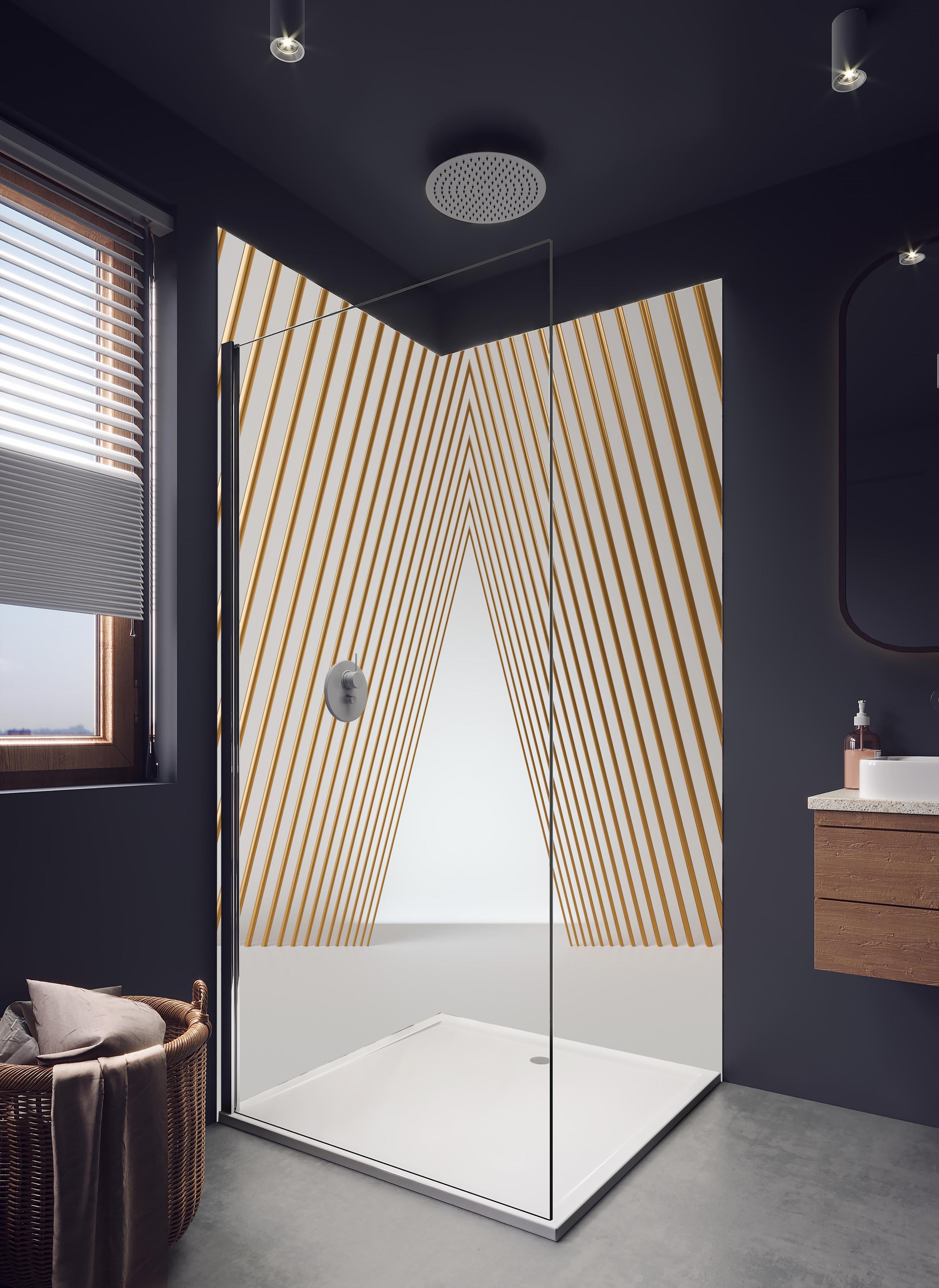 Duschrückwand - 3D-Tunnel aus goldenen stützen in hellem Badezimmer mit Regenduschkopf - zweiteilige Eck-Duschrückwand