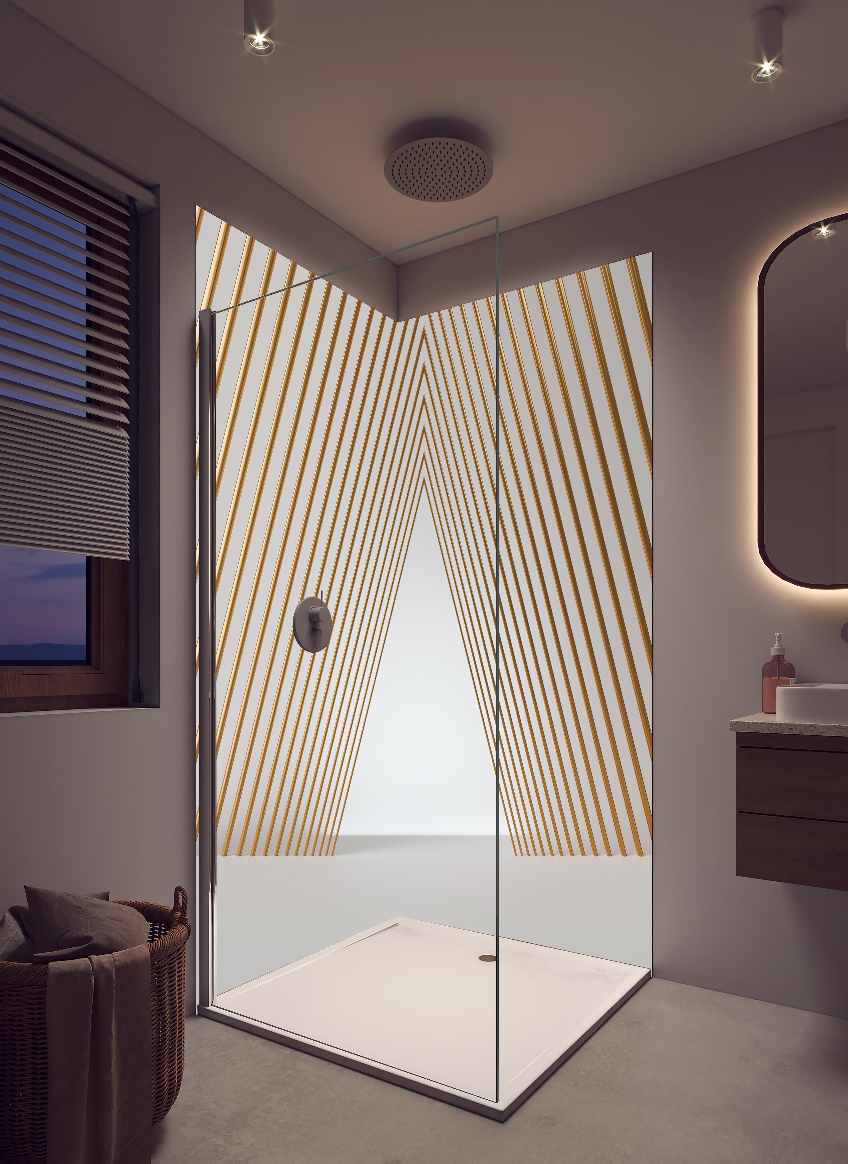 Duschrückwand - 3D-Tunnel aus goldenen stützen in hellem Badezimmer mit Regenduschkopf - zweiteilige Eck-Duschrückwand