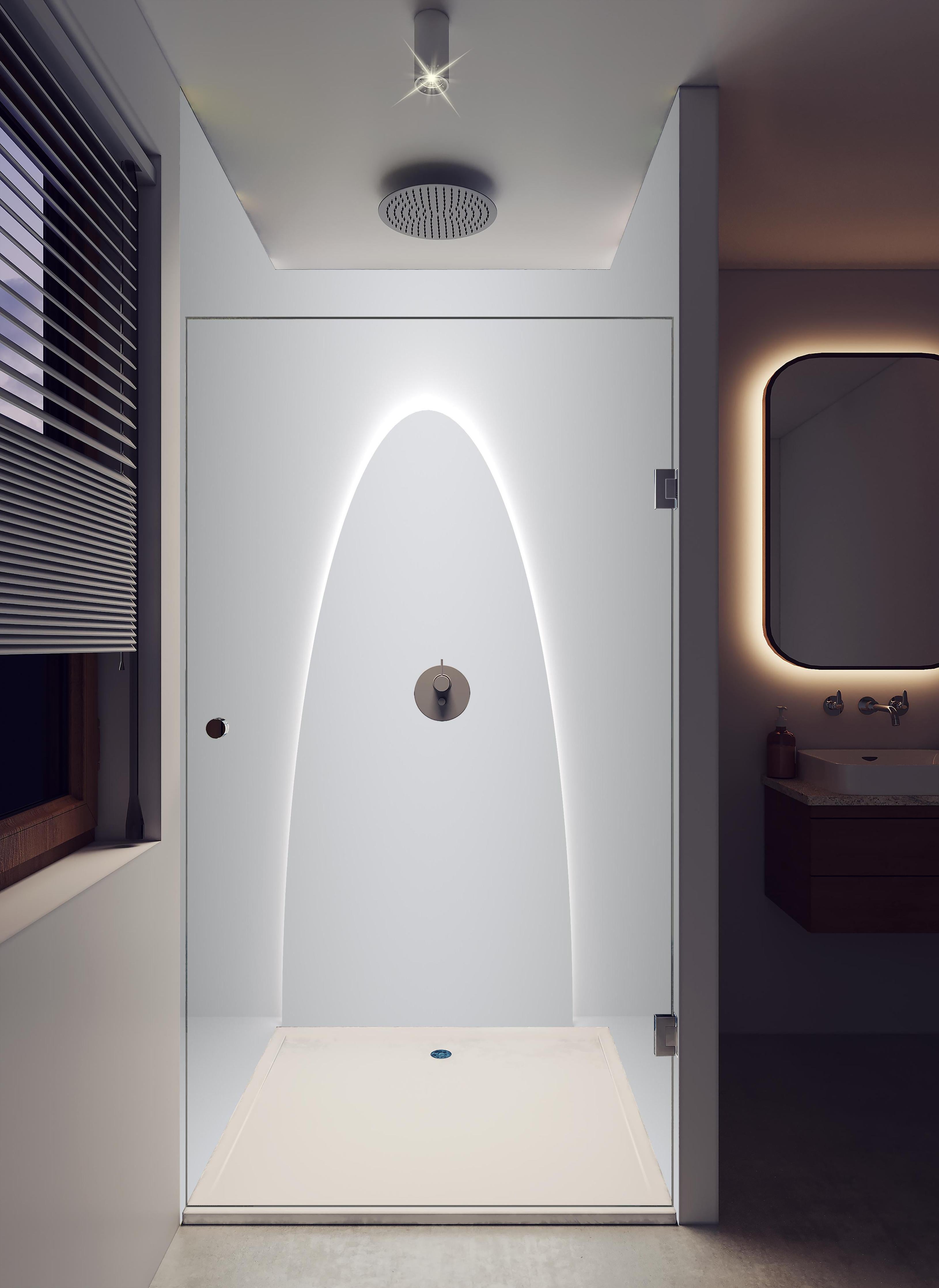 Duschrückwand - 3D Weiß-Grau Minimal Design Podest in hellem Badezimmer mit Regenduschkopf - zweiteilige Eck-Duschrückwand