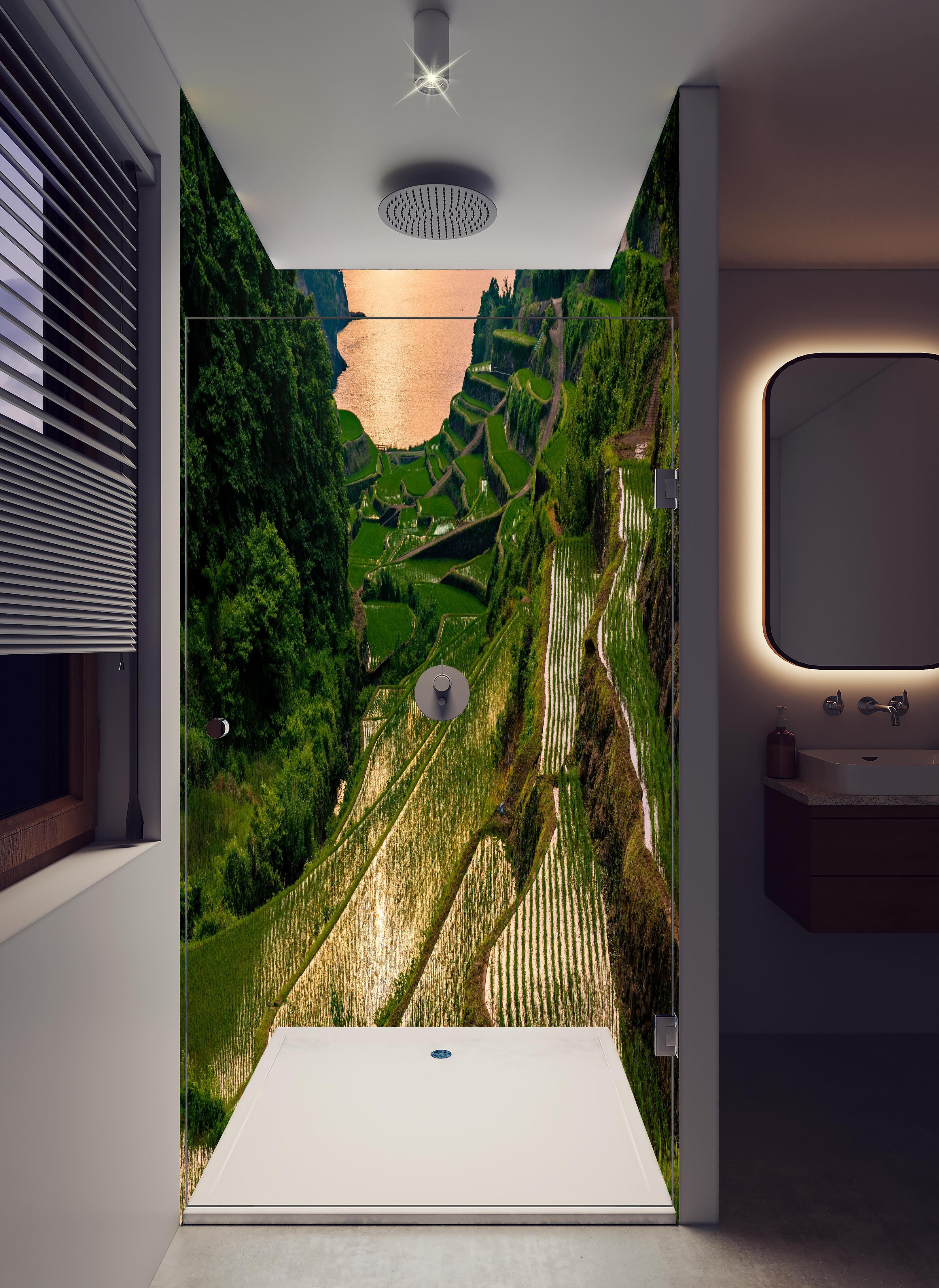 Duschrückwand - Abendlicher Blick japanische Berglandschaft in hellem Badezimmer mit Regenduschkopf - zweiteilige Eck-Duschrückwand