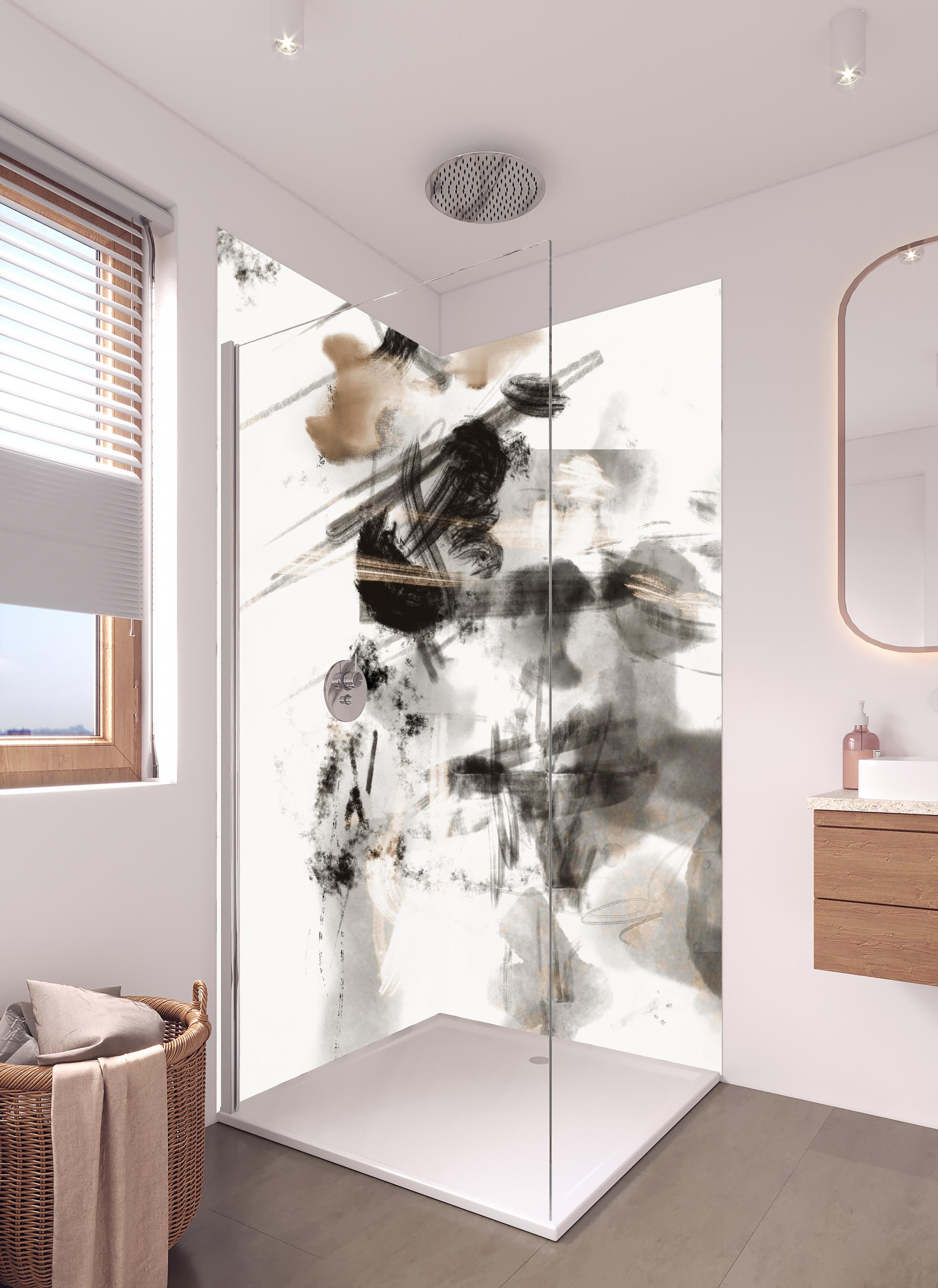 Duschrückwand - Abstrakes Gemälde - Chaos in hellem Badezimmer mit Regenduschkopf - zweiteilige Eck-Duschrückwand
