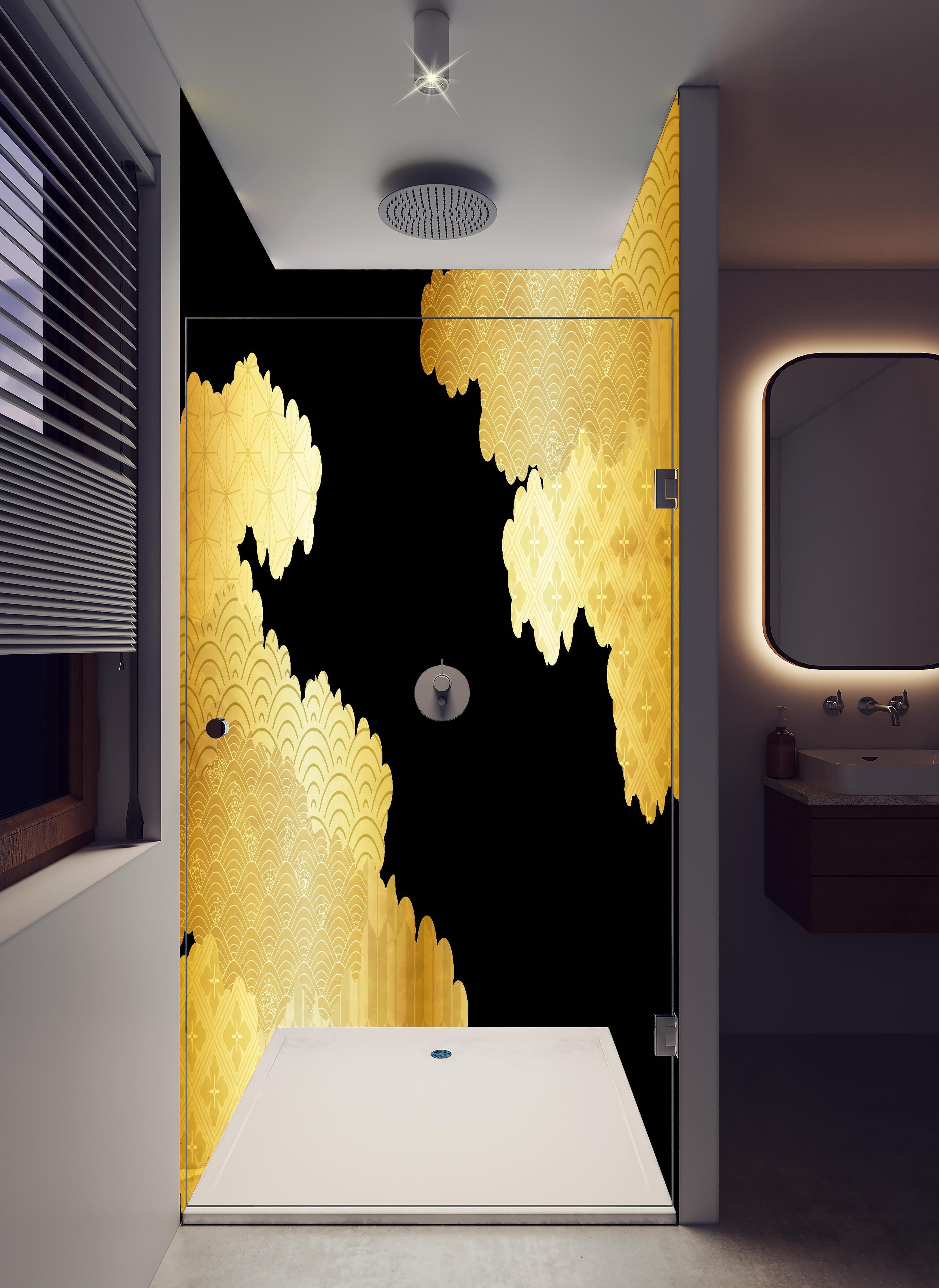 Duschrückwand - Abstrakt Goldene Wellen Texturen Muster in hellem Badezimmer mit Regenduschkopf - zweiteilige Eck-Duschrückwand