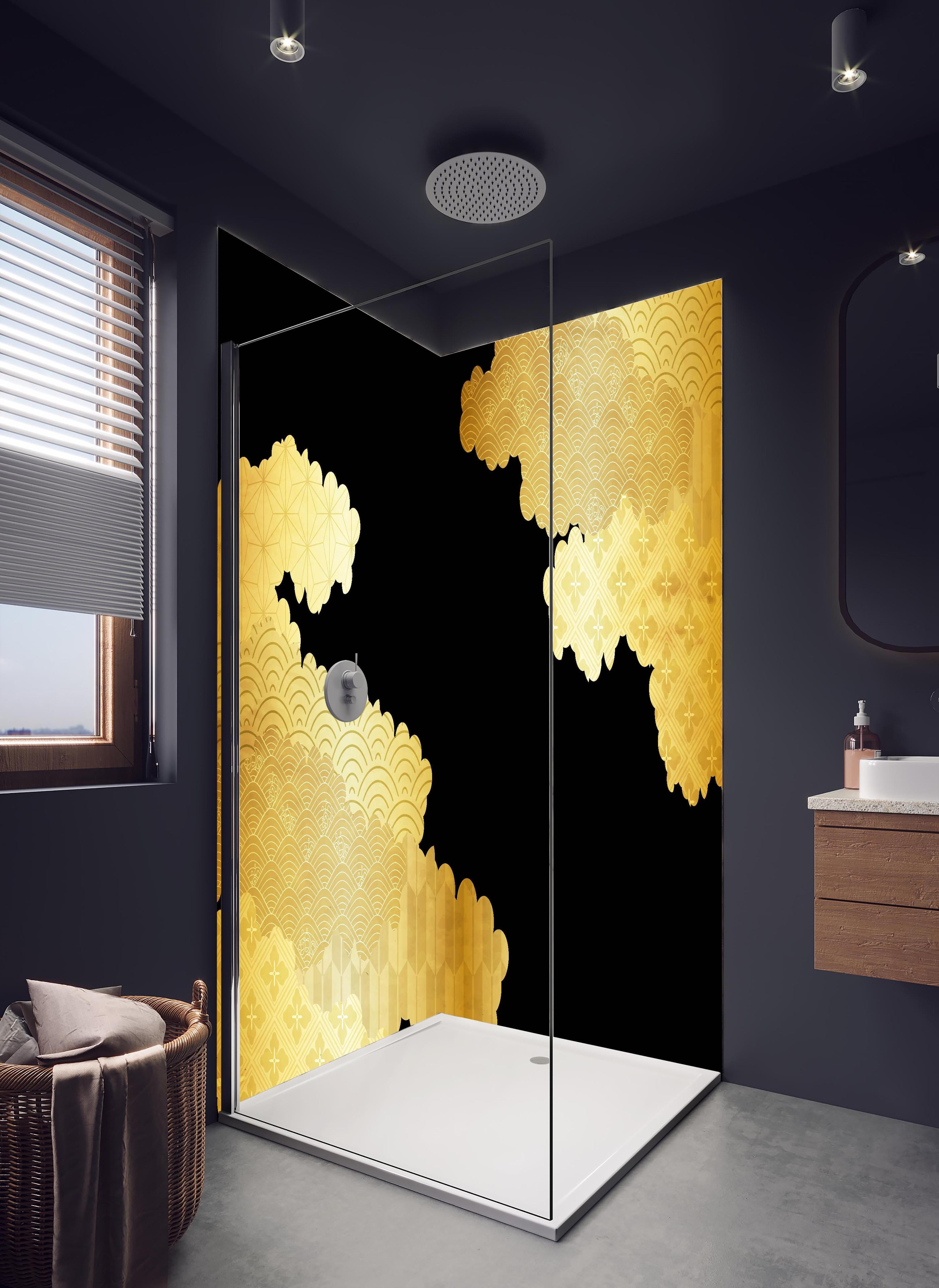 Duschrückwand - Abstrakt Goldene Wellen Texturen Muster in hellem Badezimmer mit Regenduschkopf - zweiteilige Eck-Duschrückwand
