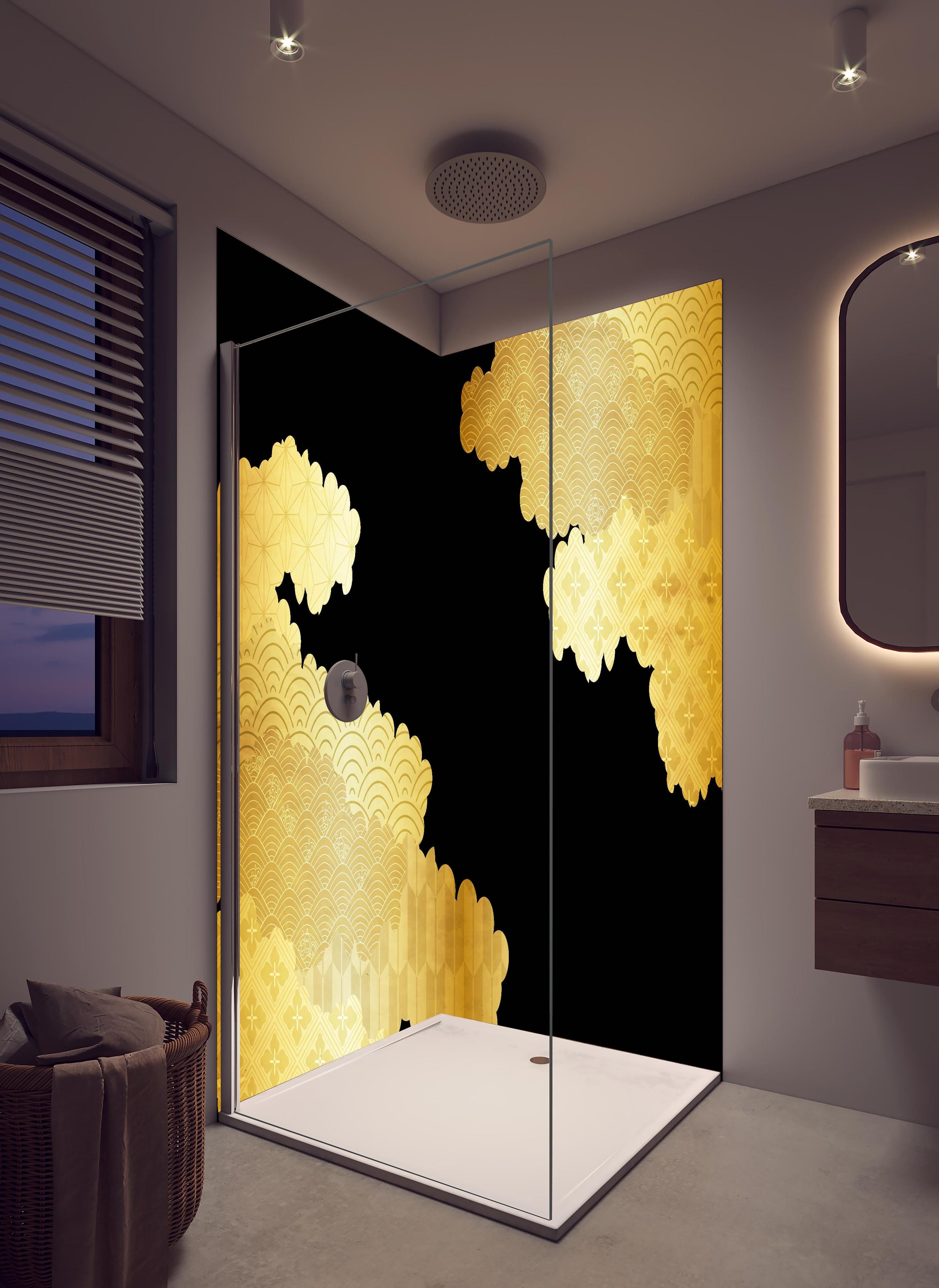 Duschrückwand - Abstrakt Goldene Wellen Texturen Muster in hellem Badezimmer mit Regenduschkopf - zweiteilige Eck-Duschrückwand