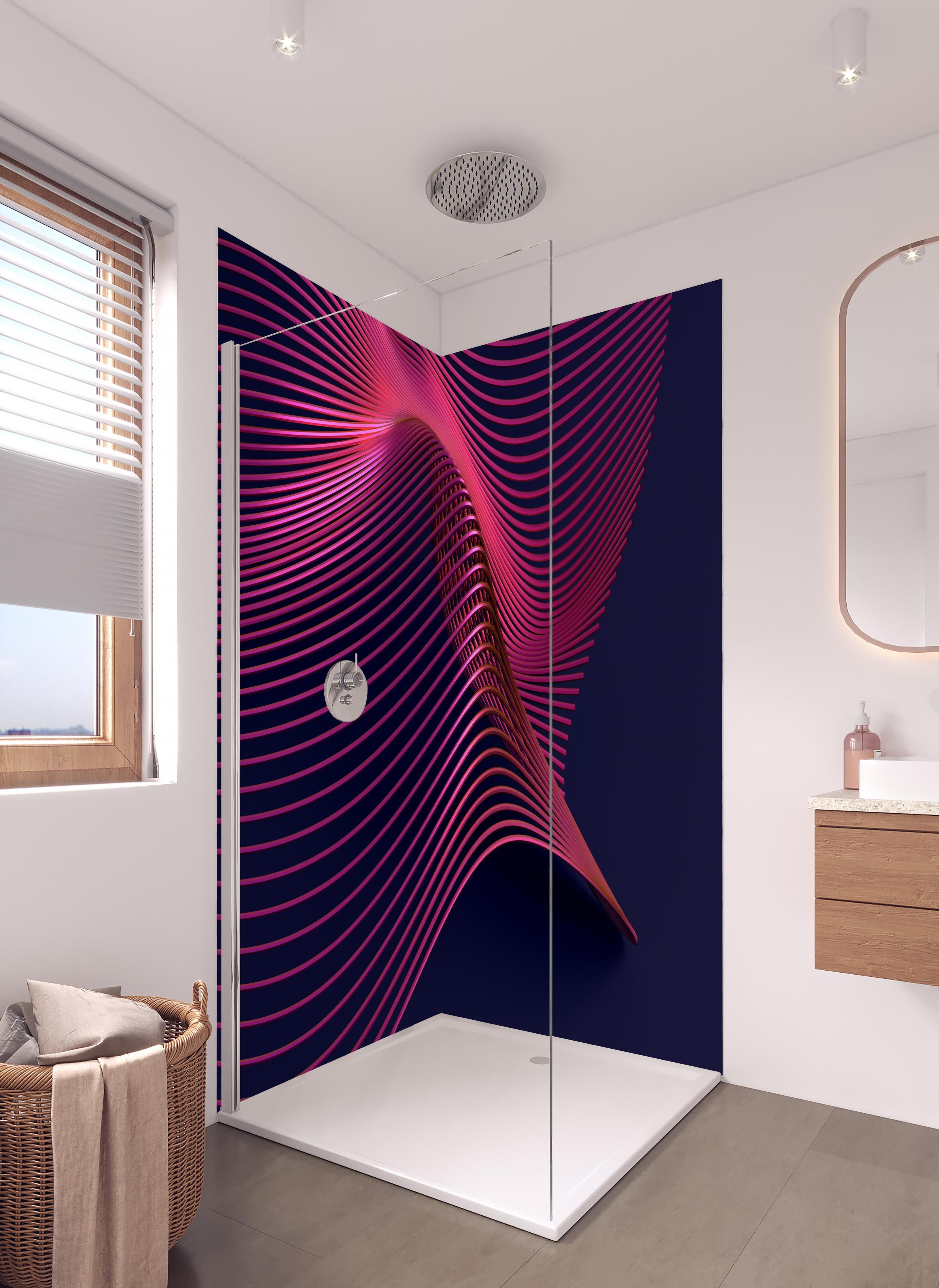 Duschrückwand - Abstrakte 3D-Oberfläche in hellem Badezimmer mit Regenduschkopf - zweiteilige Eck-Duschrückwand