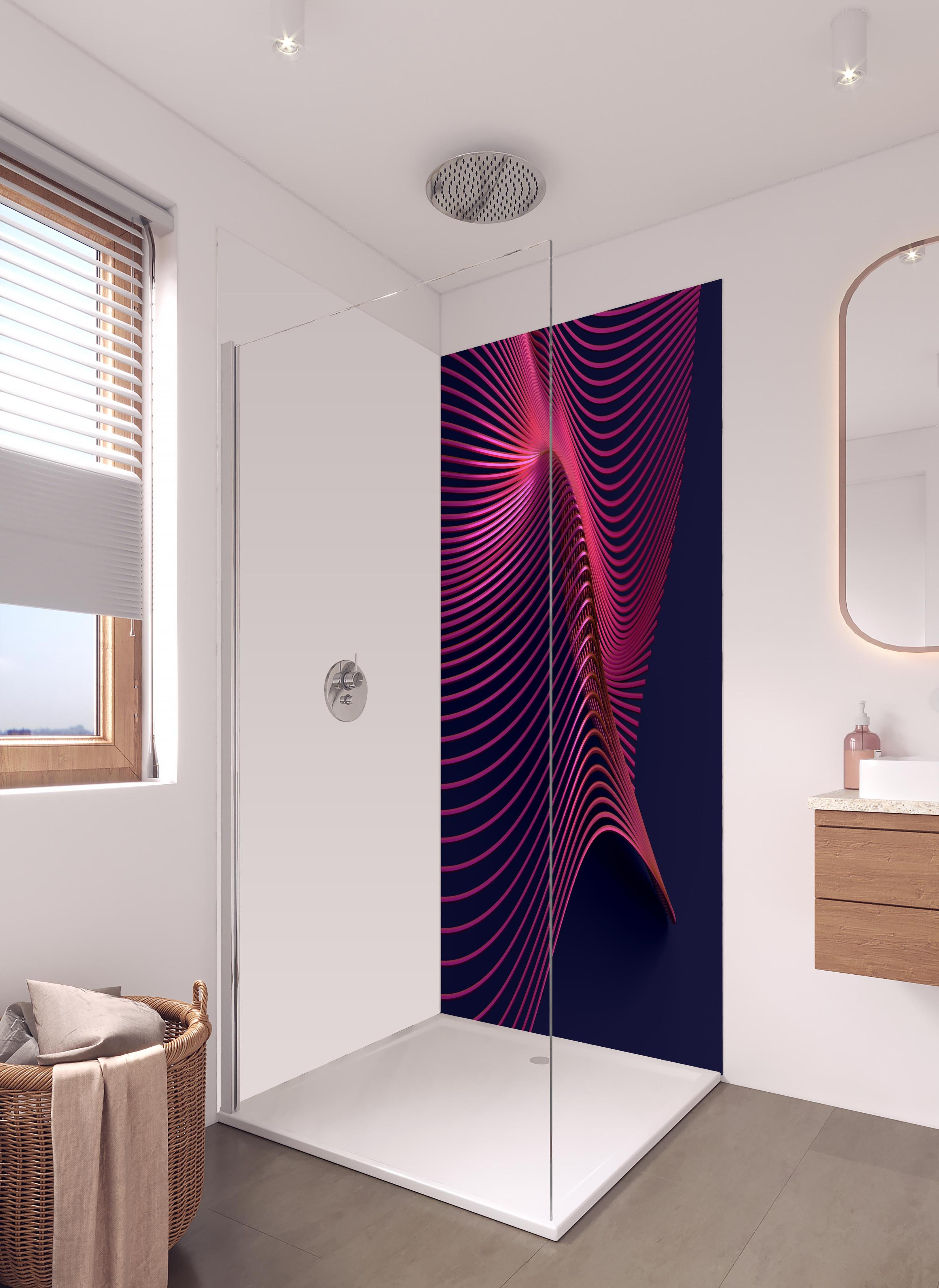 Duschrückwand - Abstrakte 3D-Oberfläche in hellem Badezimmer mit Regenduschkopf - zweiteilige Eck-Duschrückwand