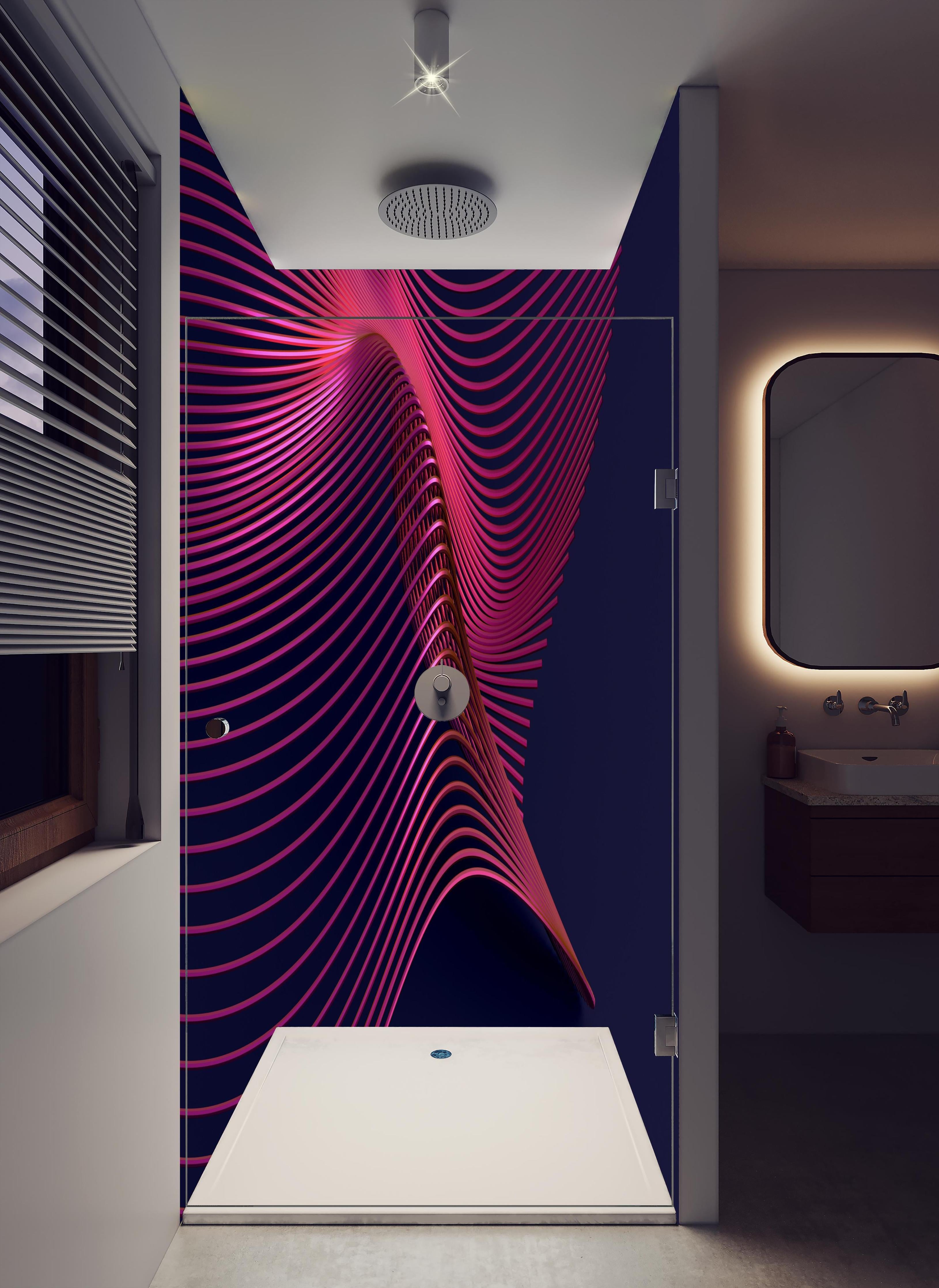 Duschrückwand - Abstrakte 3D-Oberfläche in hellem Badezimmer mit Regenduschkopf - zweiteilige Eck-Duschrückwand