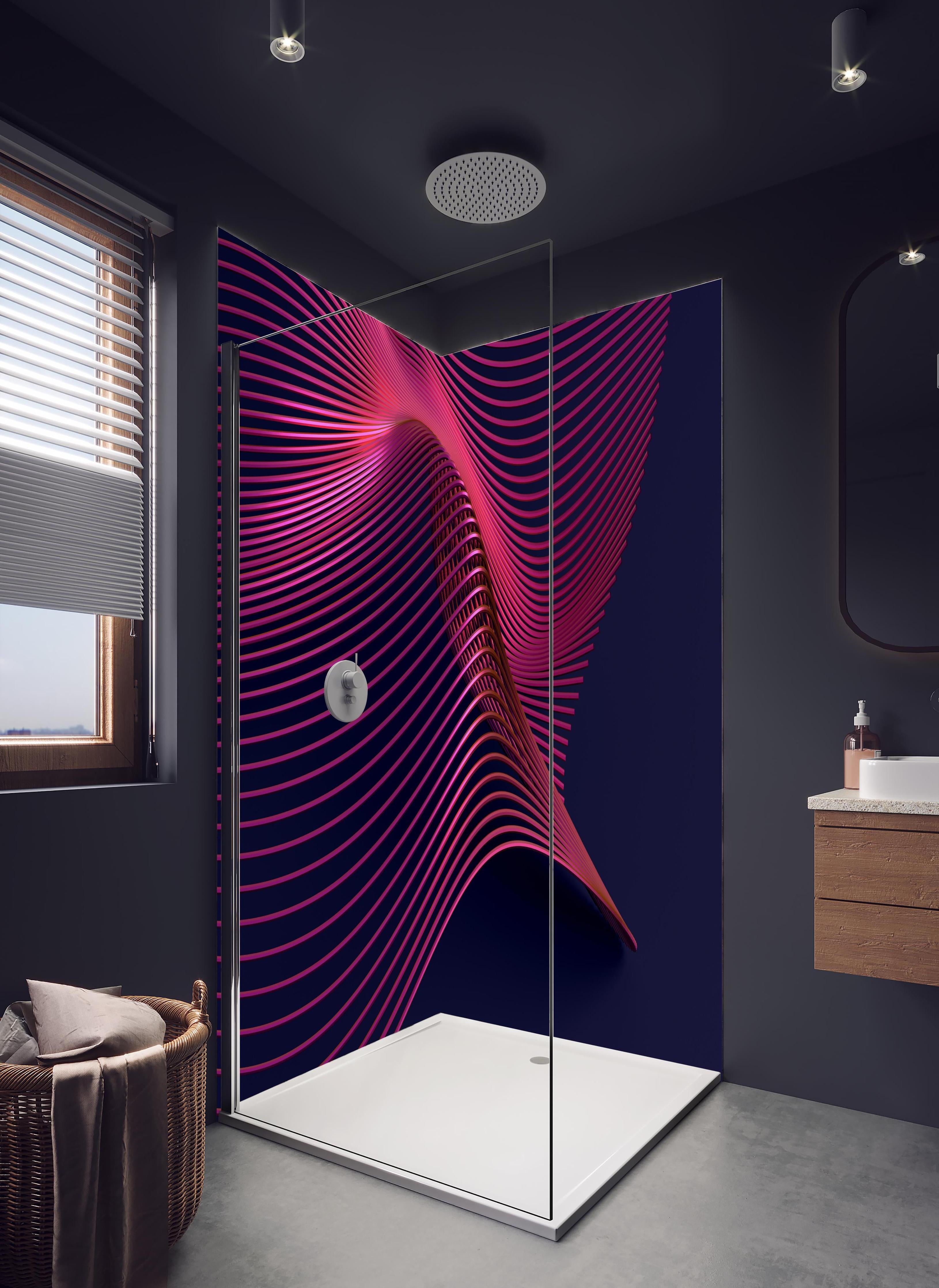 Duschrückwand - Abstrakte 3D-Oberfläche in hellem Badezimmer mit Regenduschkopf - zweiteilige Eck-Duschrückwand