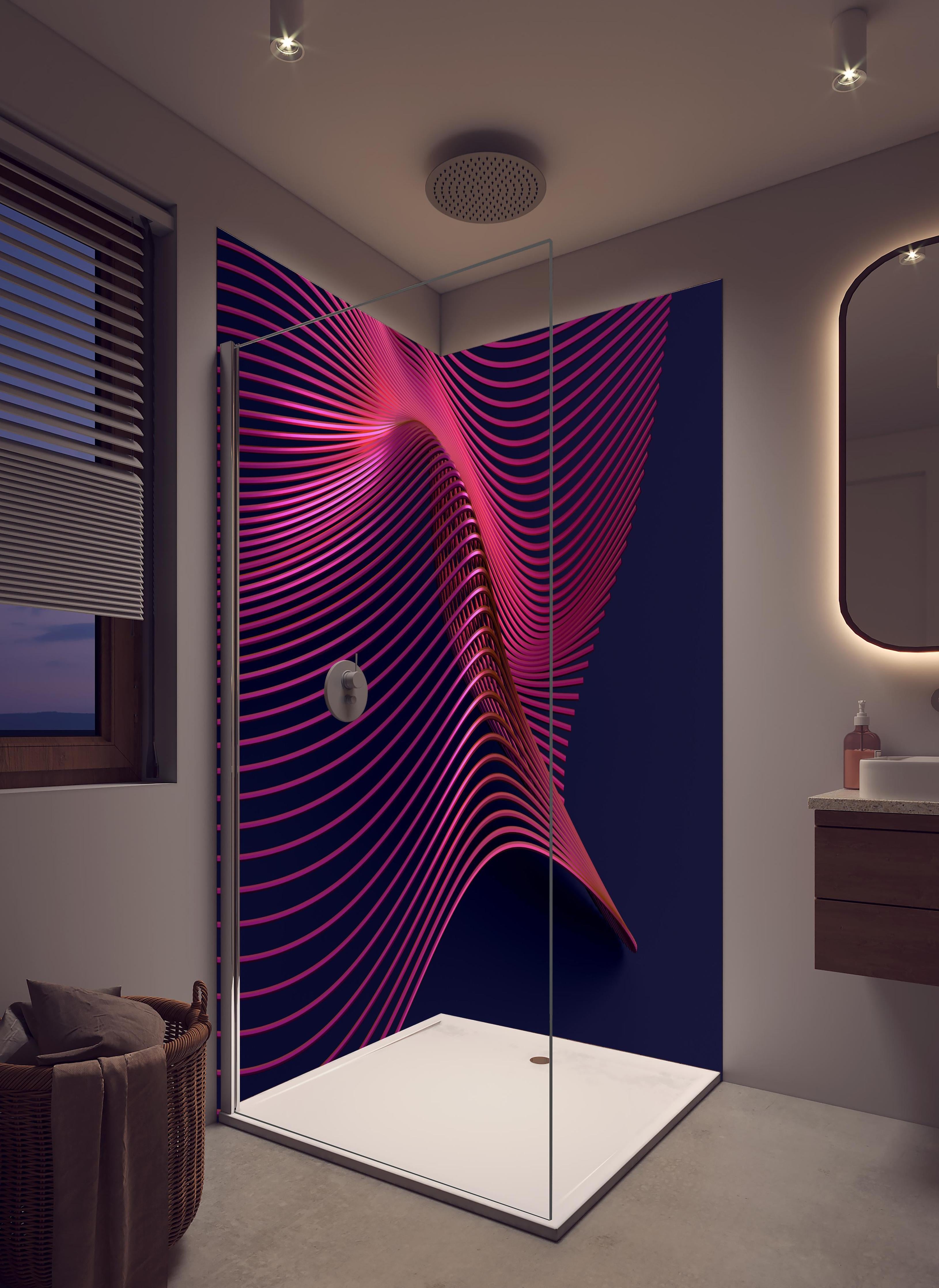 Duschrückwand - Abstrakte 3D-Oberfläche in hellem Badezimmer mit Regenduschkopf - zweiteilige Eck-Duschrückwand