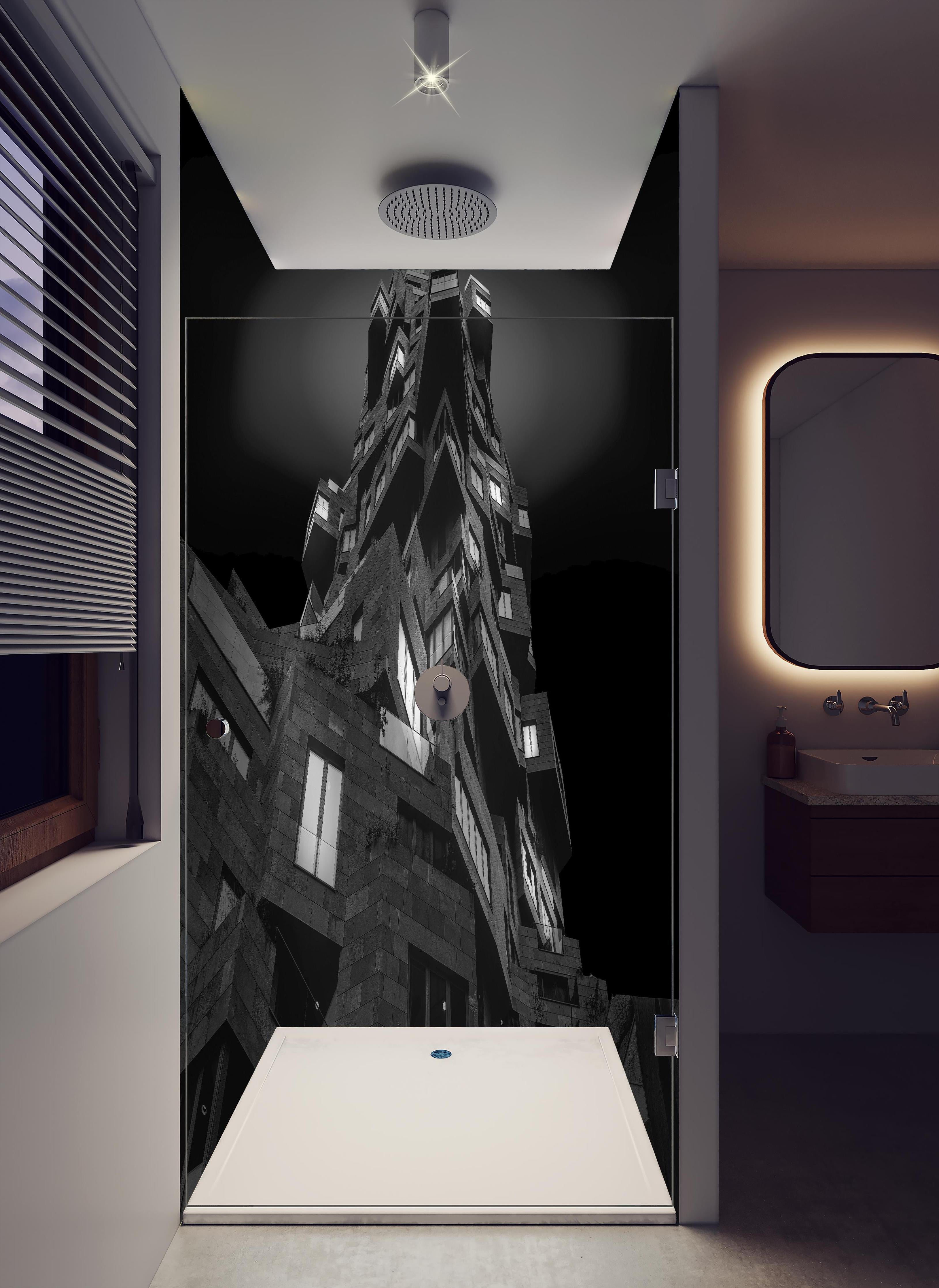 Duschrückwand - Abstrakte Architektur in hellem Badezimmer mit Regenduschkopf - zweiteilige Eck-Duschrückwand