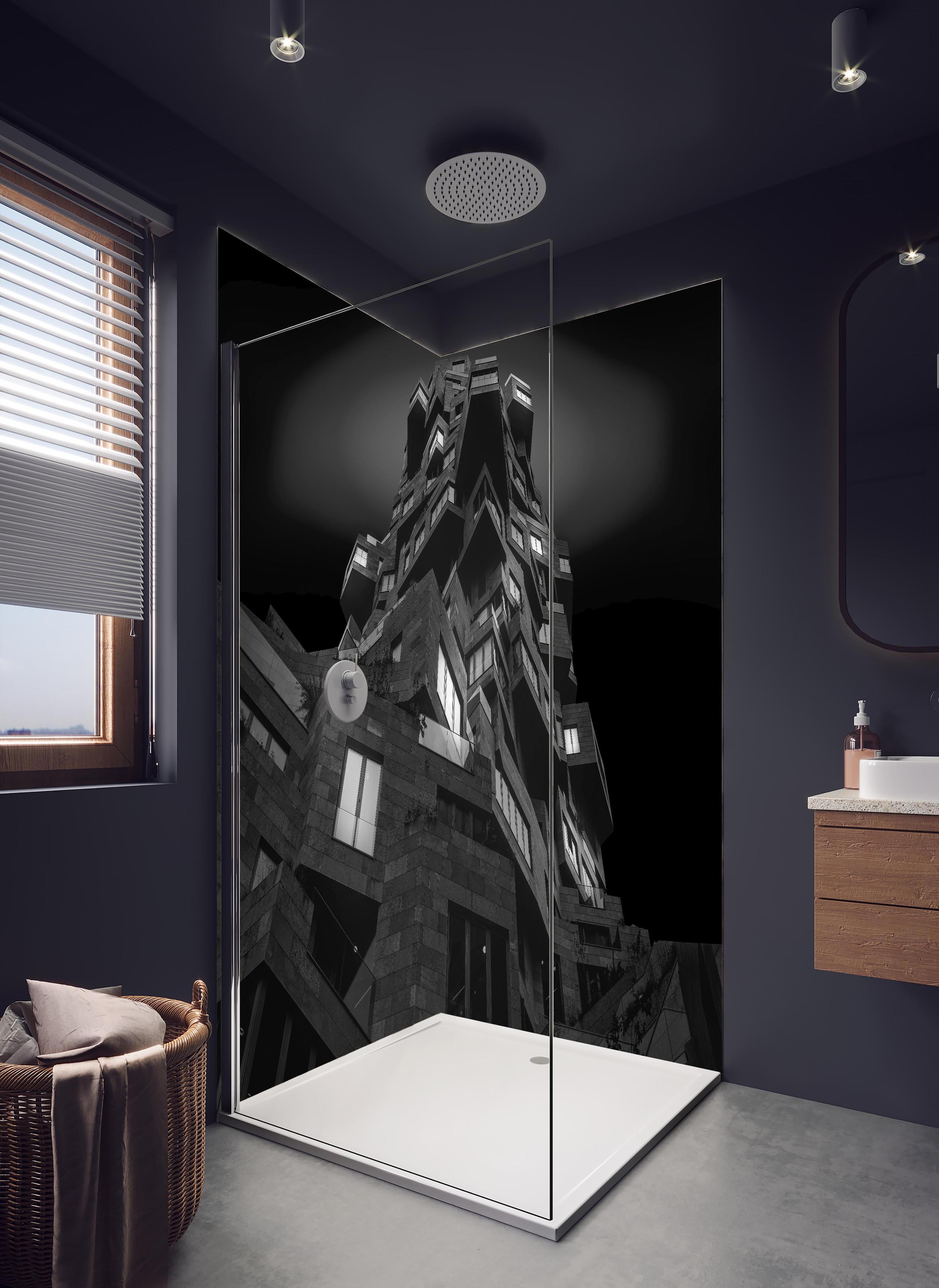 Duschrückwand - Abstrakte Architektur in hellem Badezimmer mit Regenduschkopf - zweiteilige Eck-Duschrückwand