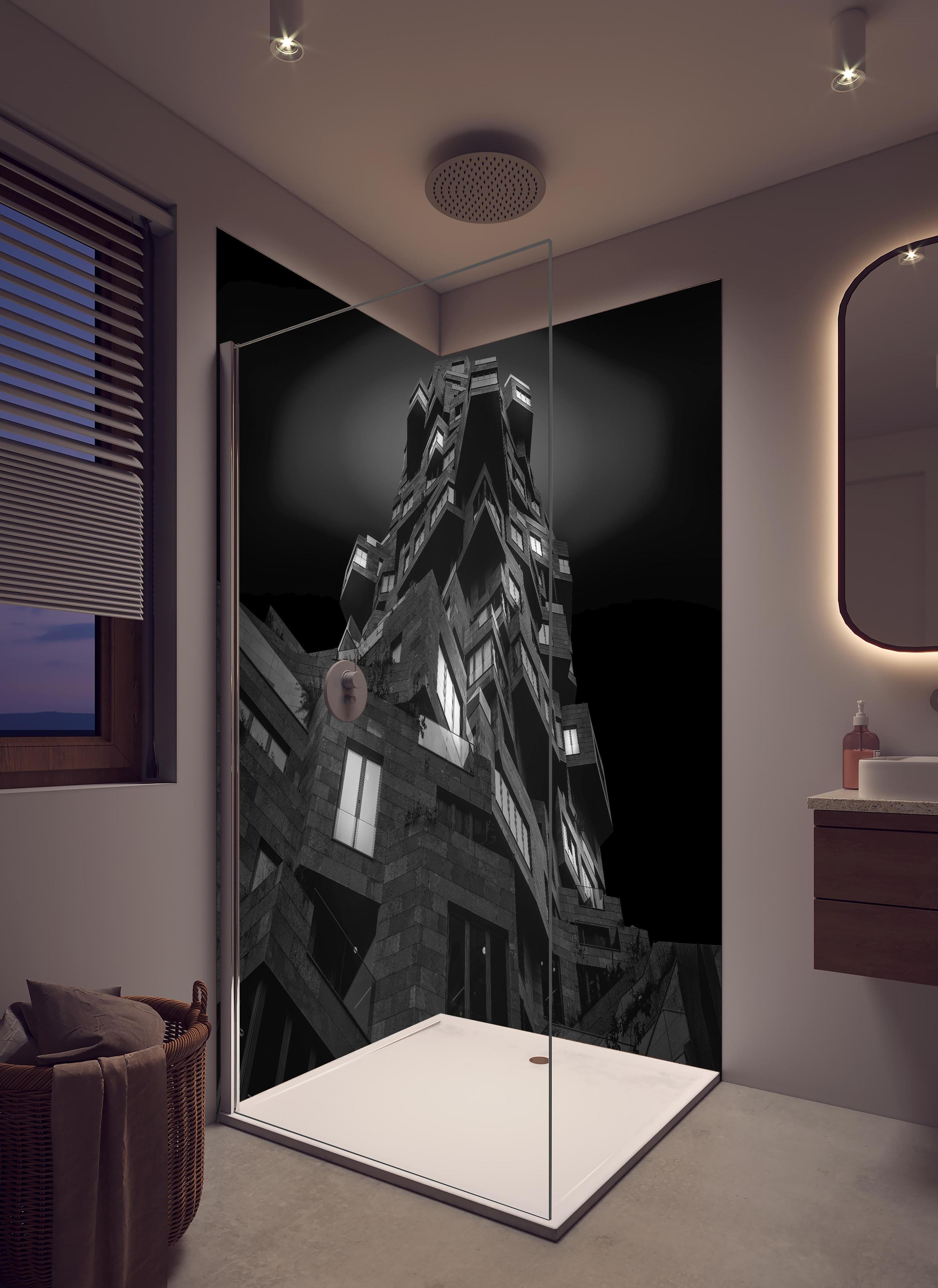 Duschrückwand - Abstrakte Architektur in hellem Badezimmer mit Regenduschkopf - zweiteilige Eck-Duschrückwand