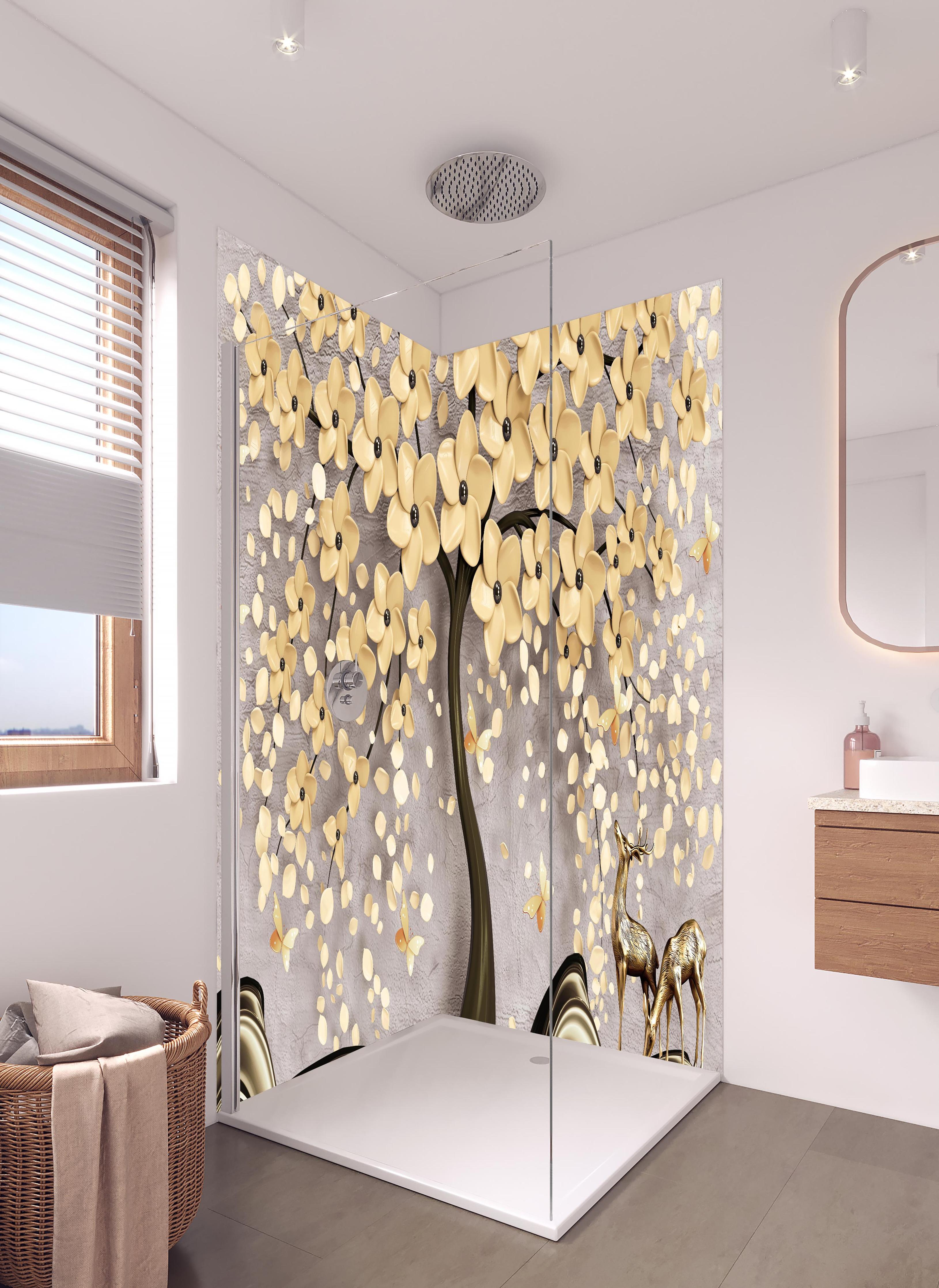 Duschrückwand - Abstrakte Baum Struktur in hellem Badezimmer mit Regenduschkopf - zweiteilige Eck-Duschrückwand