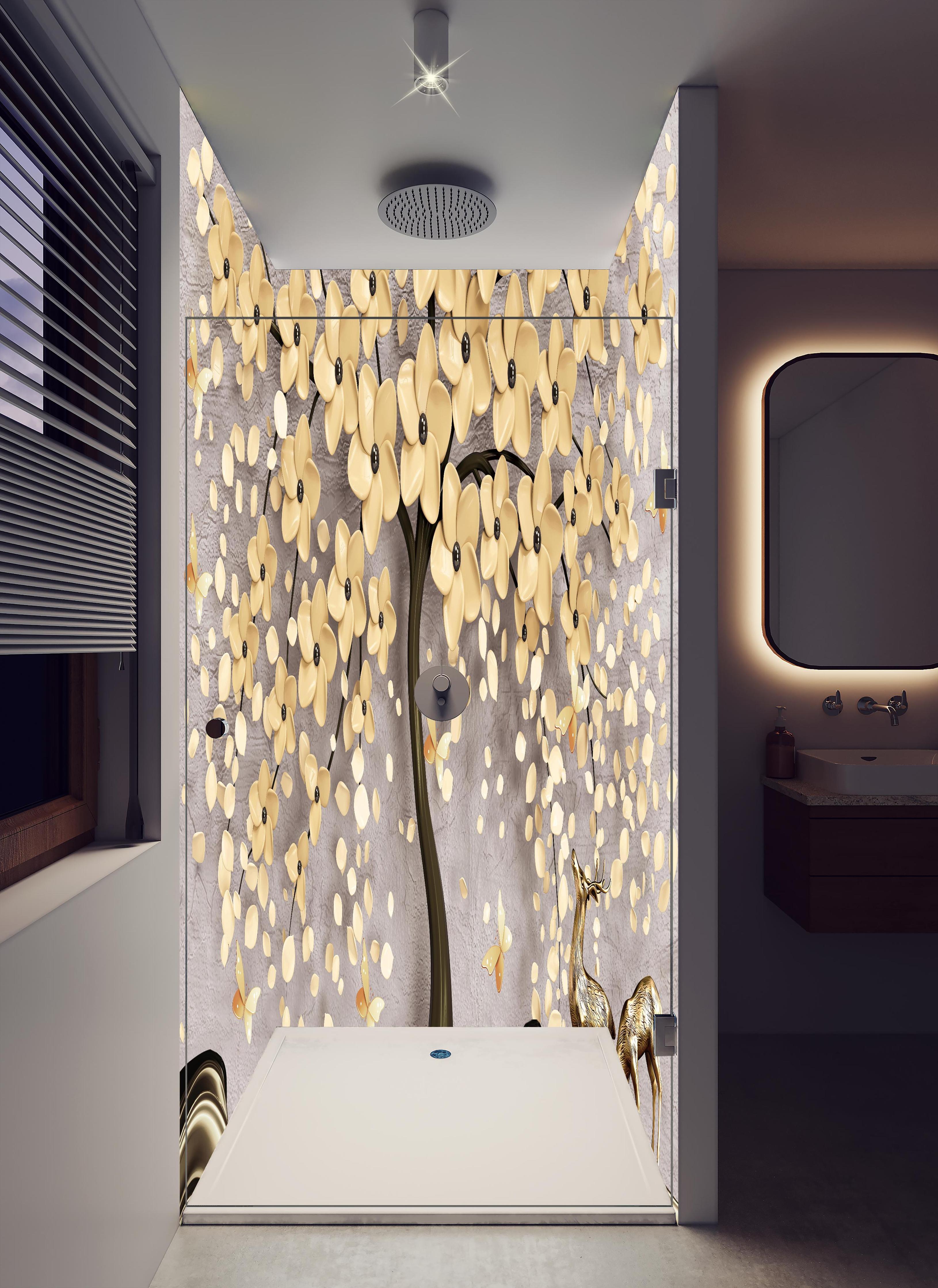 Duschrückwand - Abstrakte Baum Struktur in hellem Badezimmer mit Regenduschkopf - zweiteilige Eck-Duschrückwand