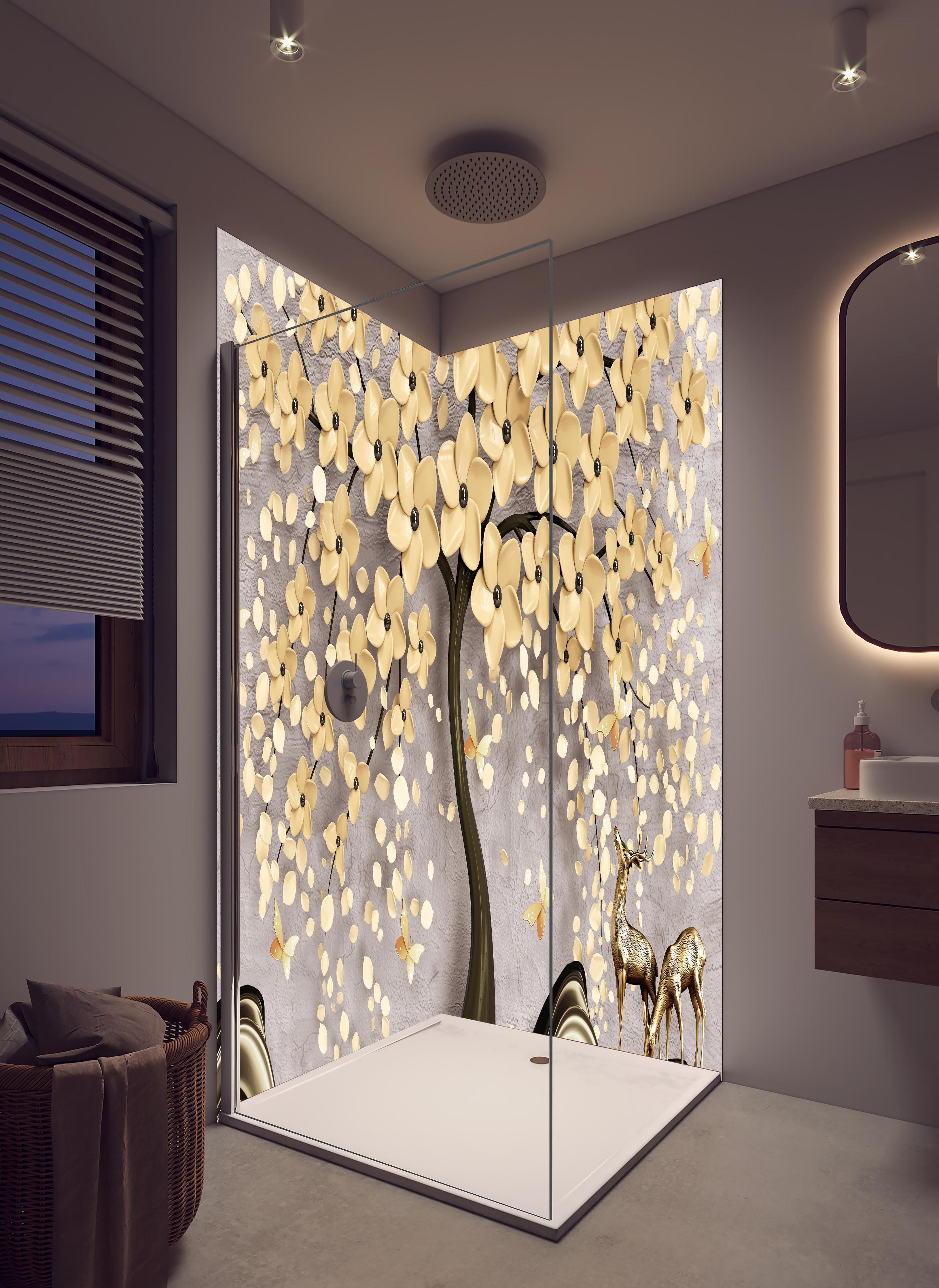 Duschrückwand - Abstrakte Baum Struktur in hellem Badezimmer mit Regenduschkopf - zweiteilige Eck-Duschrückwand