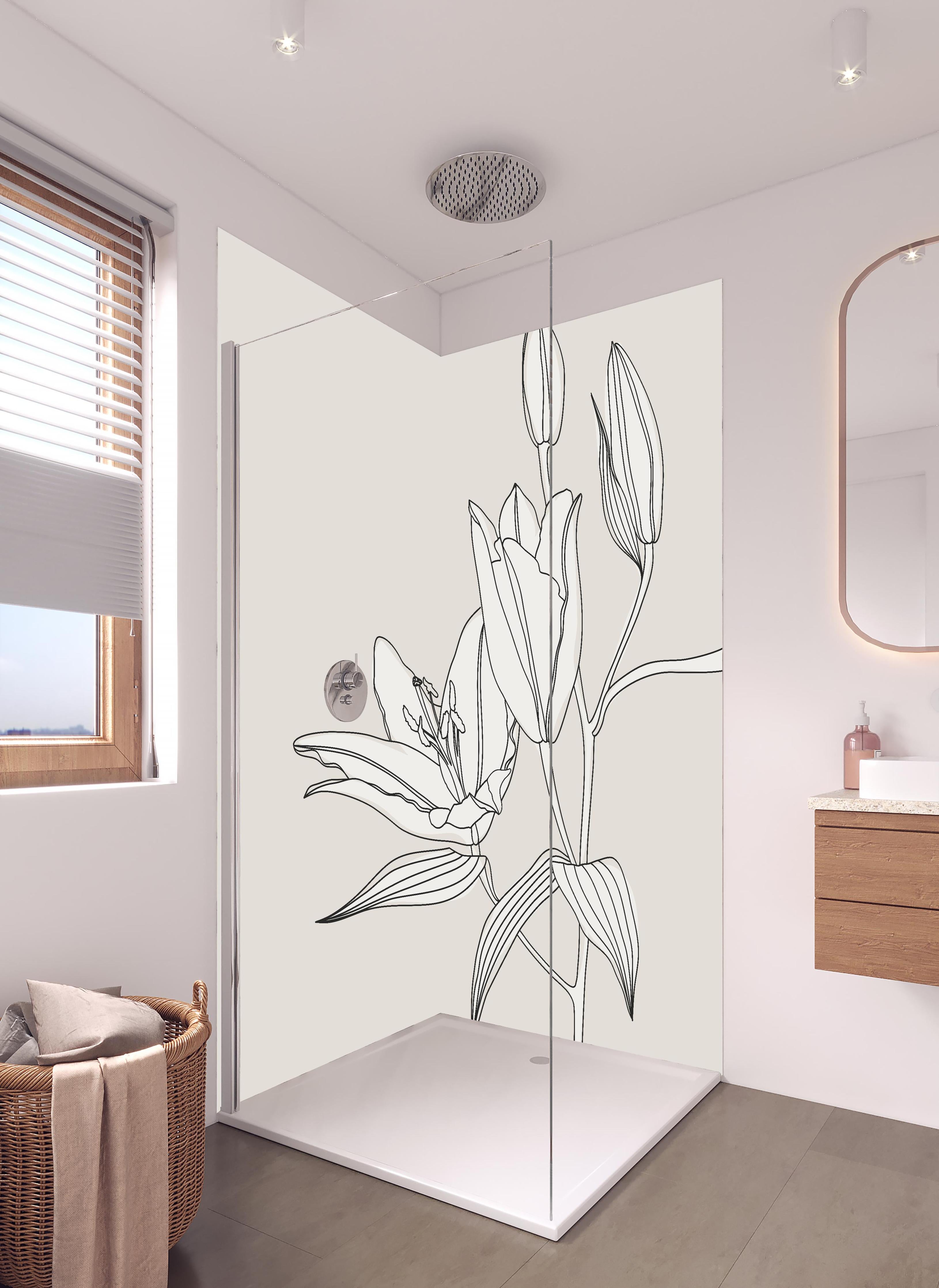 Duschrückwand - Abstrakte Beige Liniendrawing Lilie Illustration in hellem Badezimmer mit Regenduschkopf - zweiteilige Eck-Duschrückwand