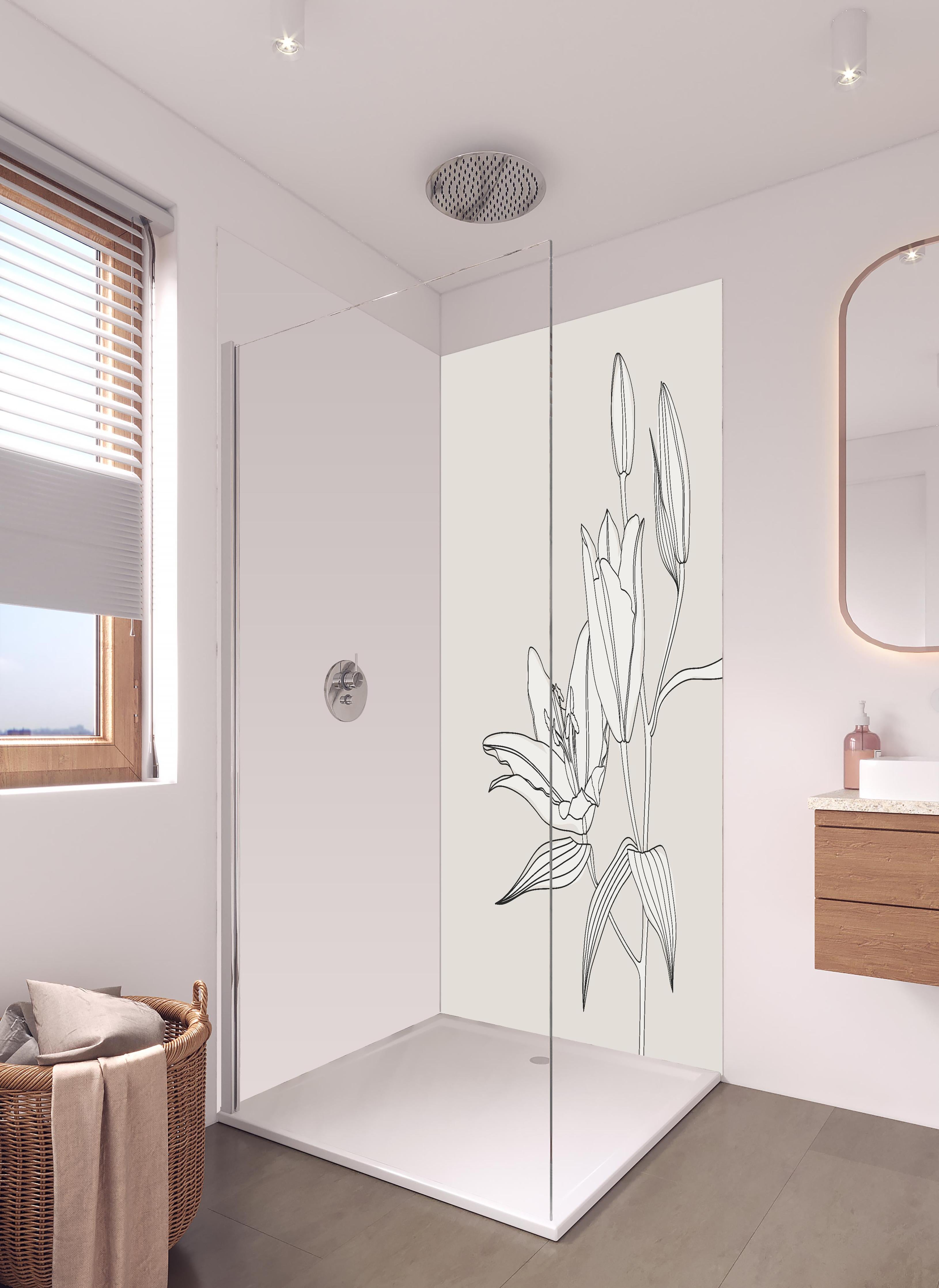 Duschrückwand - Abstrakte Beige Liniendrawing Lilie Illustration in hellem Badezimmer mit Regenduschkopf - zweiteilige Eck-Duschrückwand