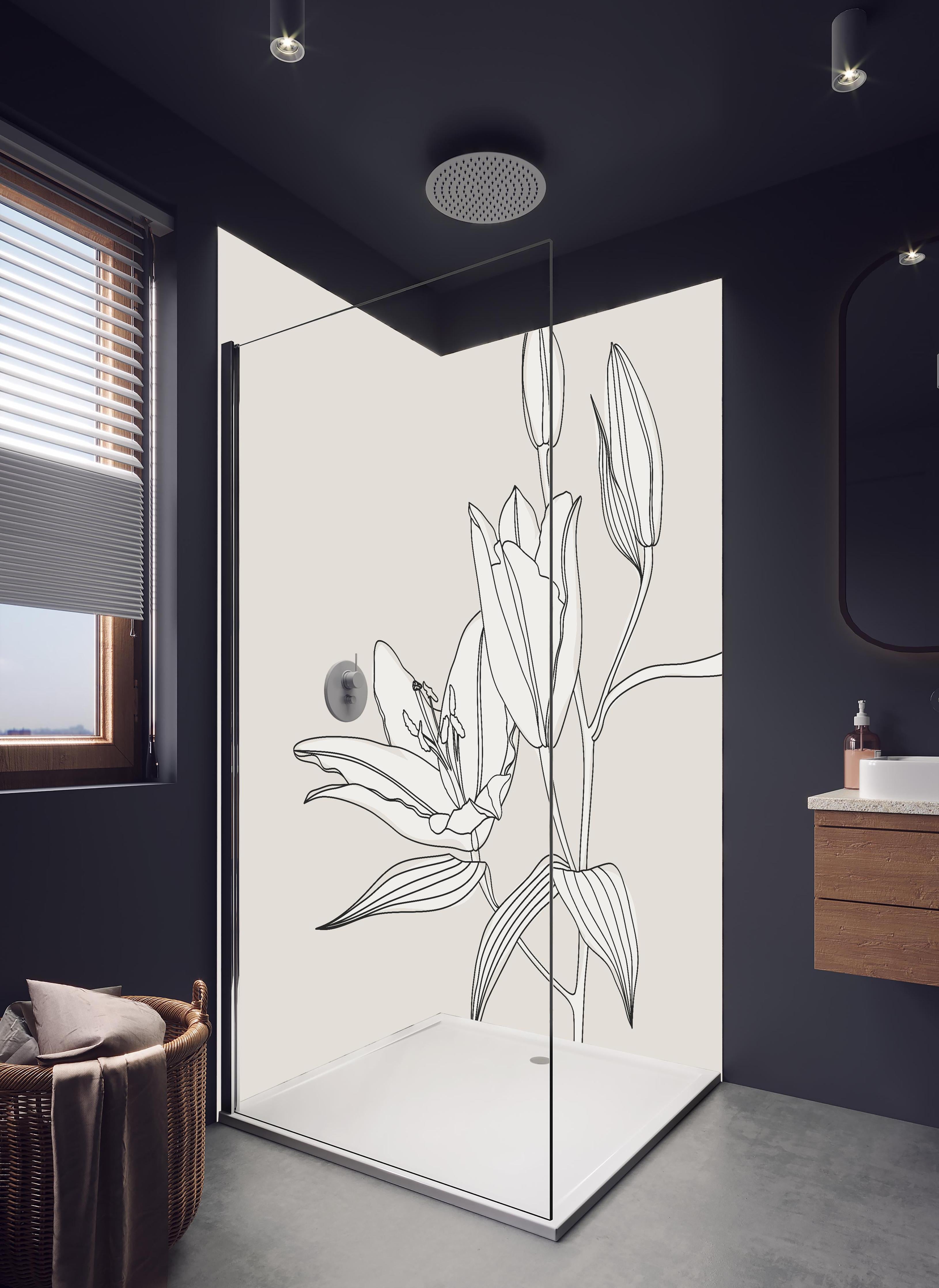 Duschrückwand - Abstrakte Beige Liniendrawing Lilie Illustration in hellem Badezimmer mit Regenduschkopf - zweiteilige Eck-Duschrückwand