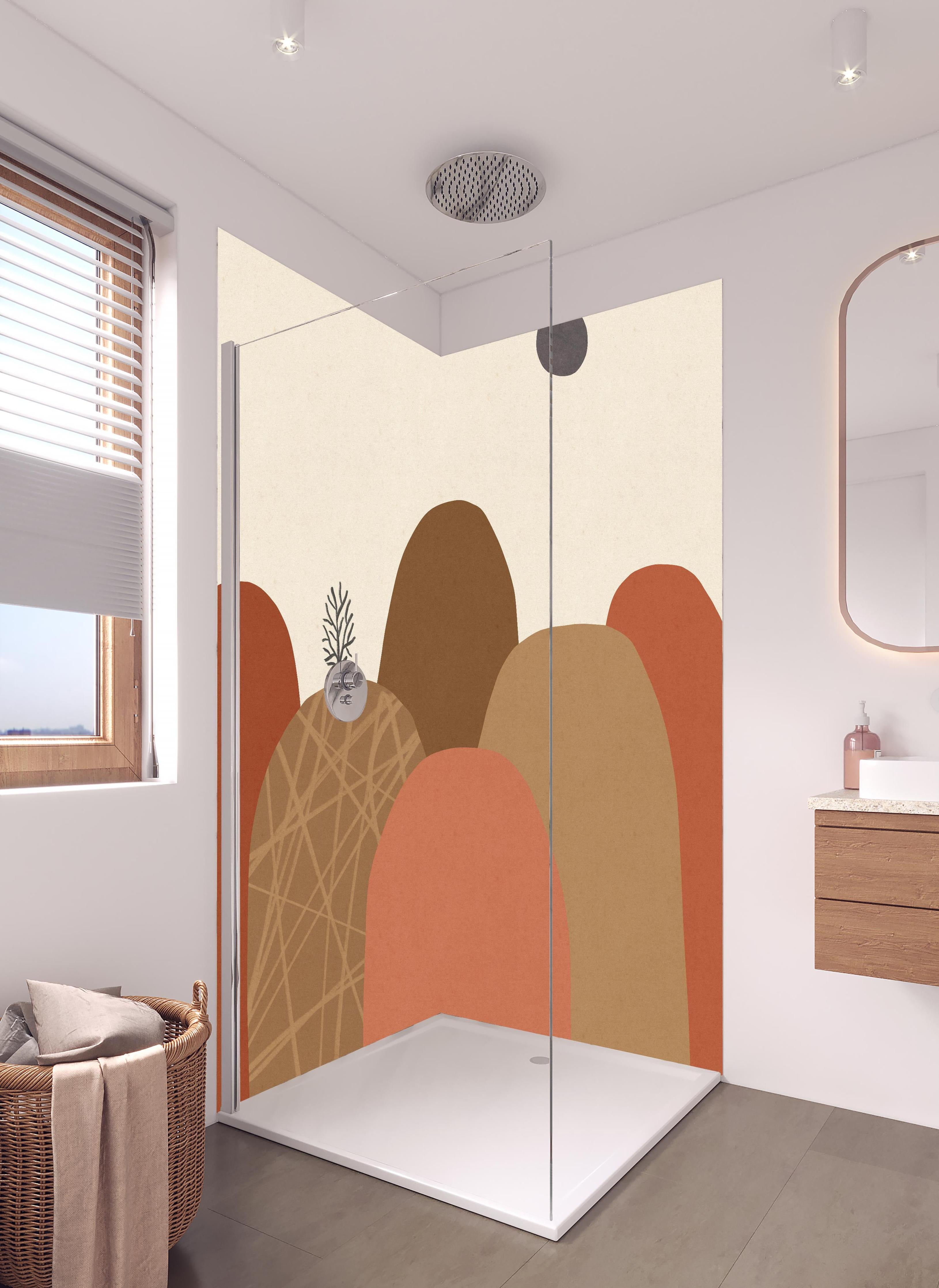 Duschrückwand - Abstrakte Berglandschaft im Herbst mit Baum in hellem Badezimmer mit Regenduschkopf - zweiteilige Eck-Duschrückwand