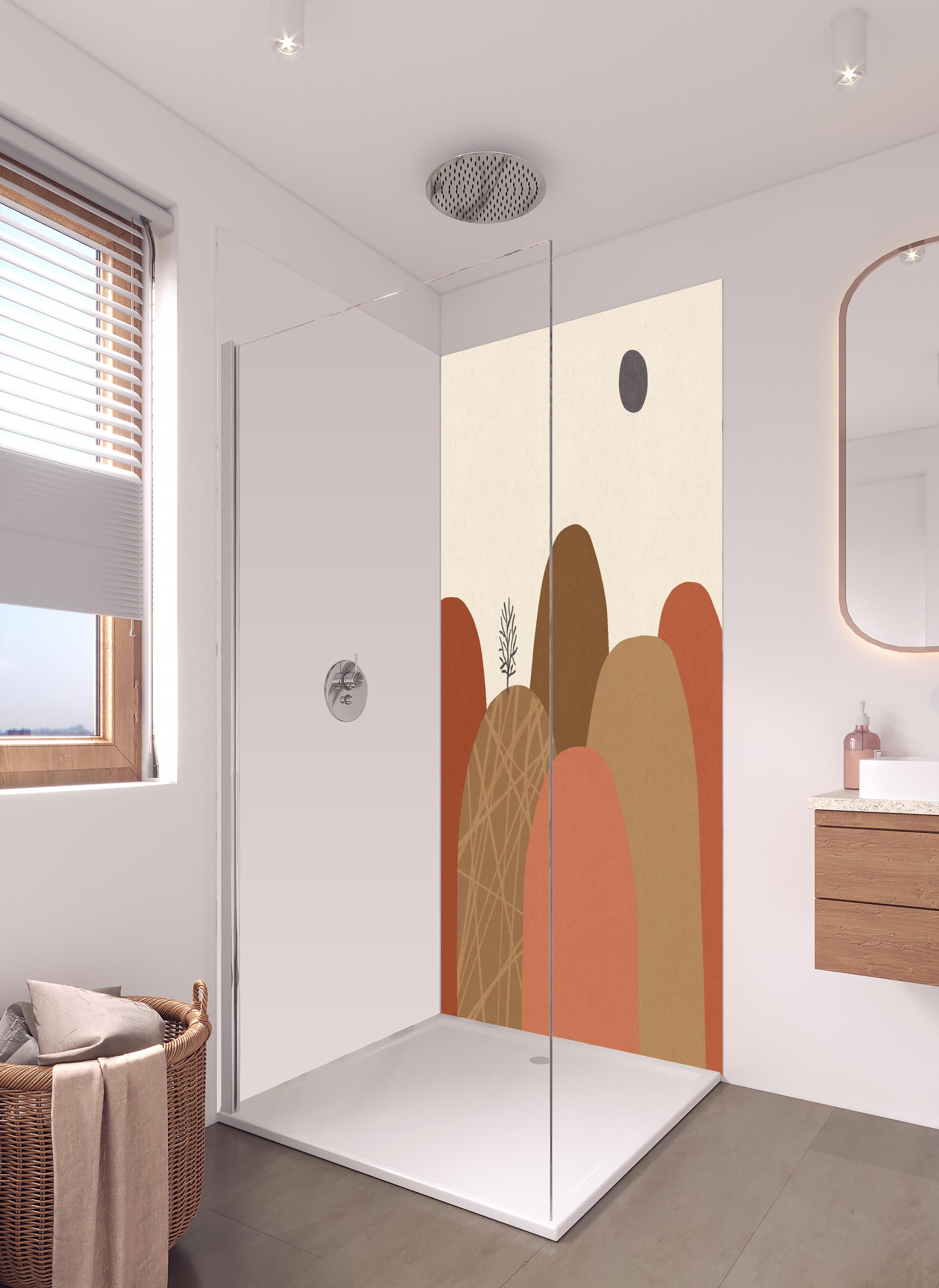 Duschrückwand - Abstrakte Berglandschaft im Herbst mit Baum in hellem Badezimmer mit Regenduschkopf - zweiteilige Eck-Duschrückwand