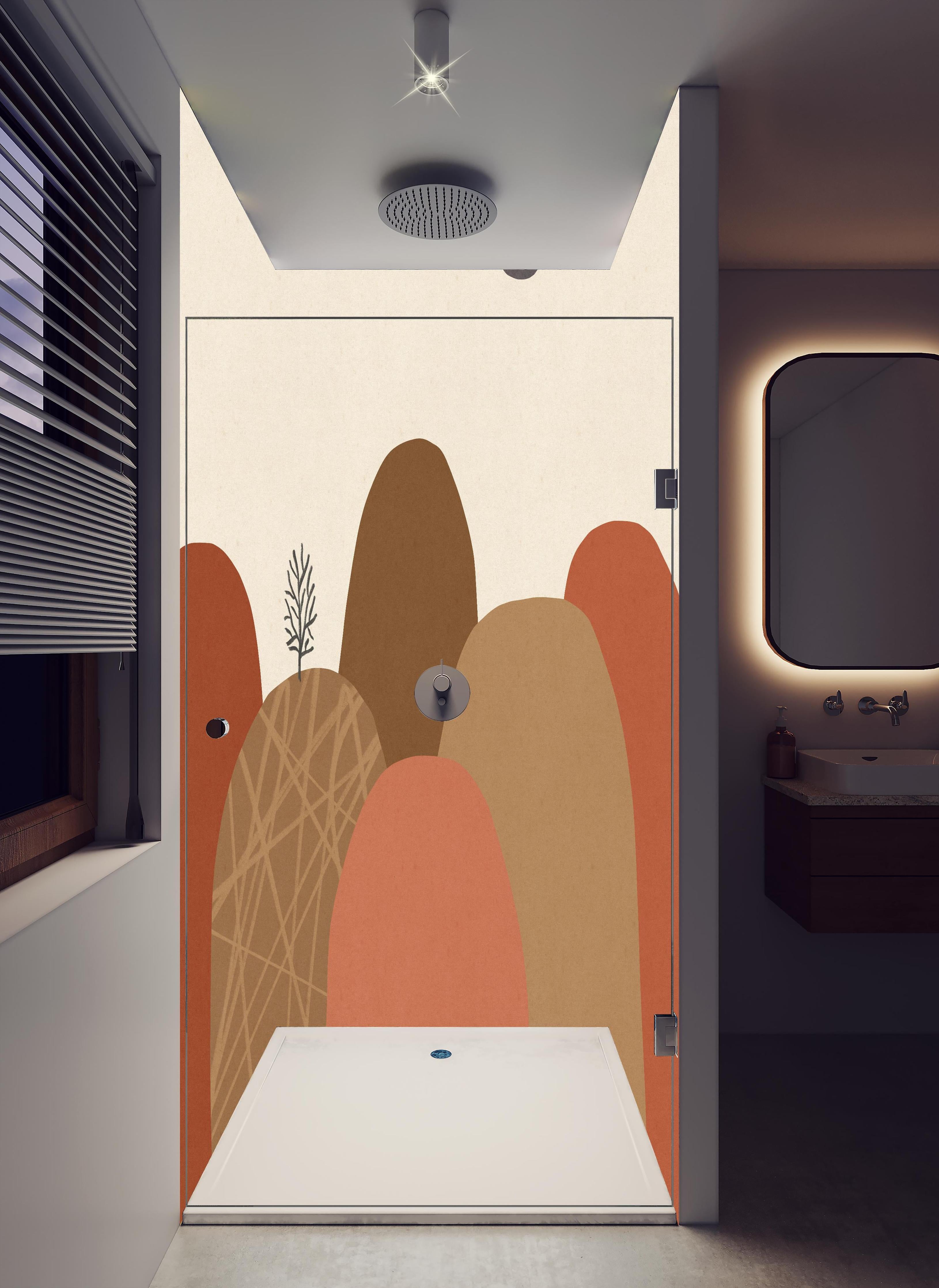 Duschrückwand - Abstrakte Berglandschaft im Herbst mit Baum in hellem Badezimmer mit Regenduschkopf - zweiteilige Eck-Duschrückwand