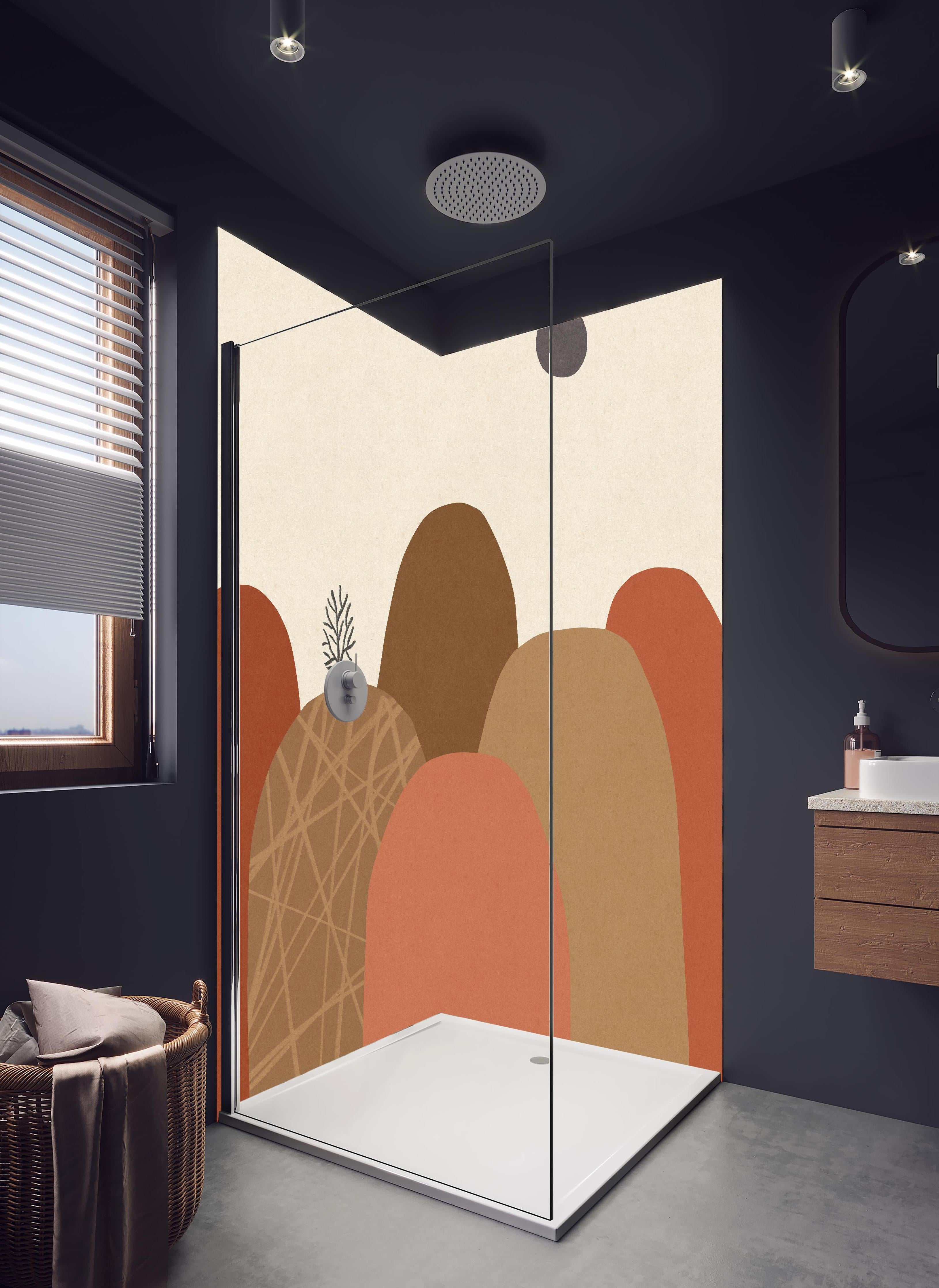 Duschrückwand - Abstrakte Berglandschaft im Herbst mit Baum in hellem Badezimmer mit Regenduschkopf - zweiteilige Eck-Duschrückwand