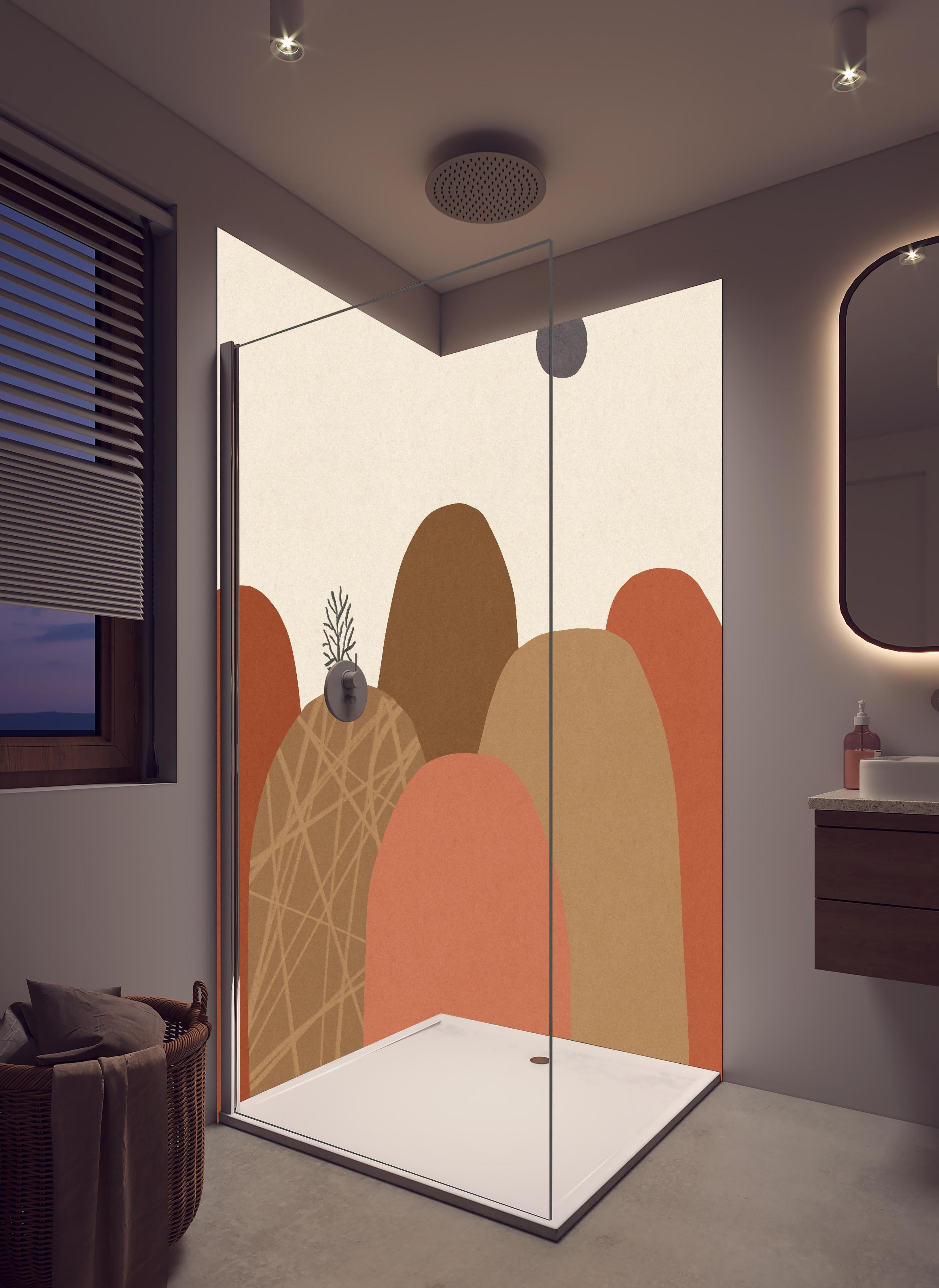 Duschrückwand - Abstrakte Berglandschaft im Herbst mit Baum in hellem Badezimmer mit Regenduschkopf - zweiteilige Eck-Duschrückwand