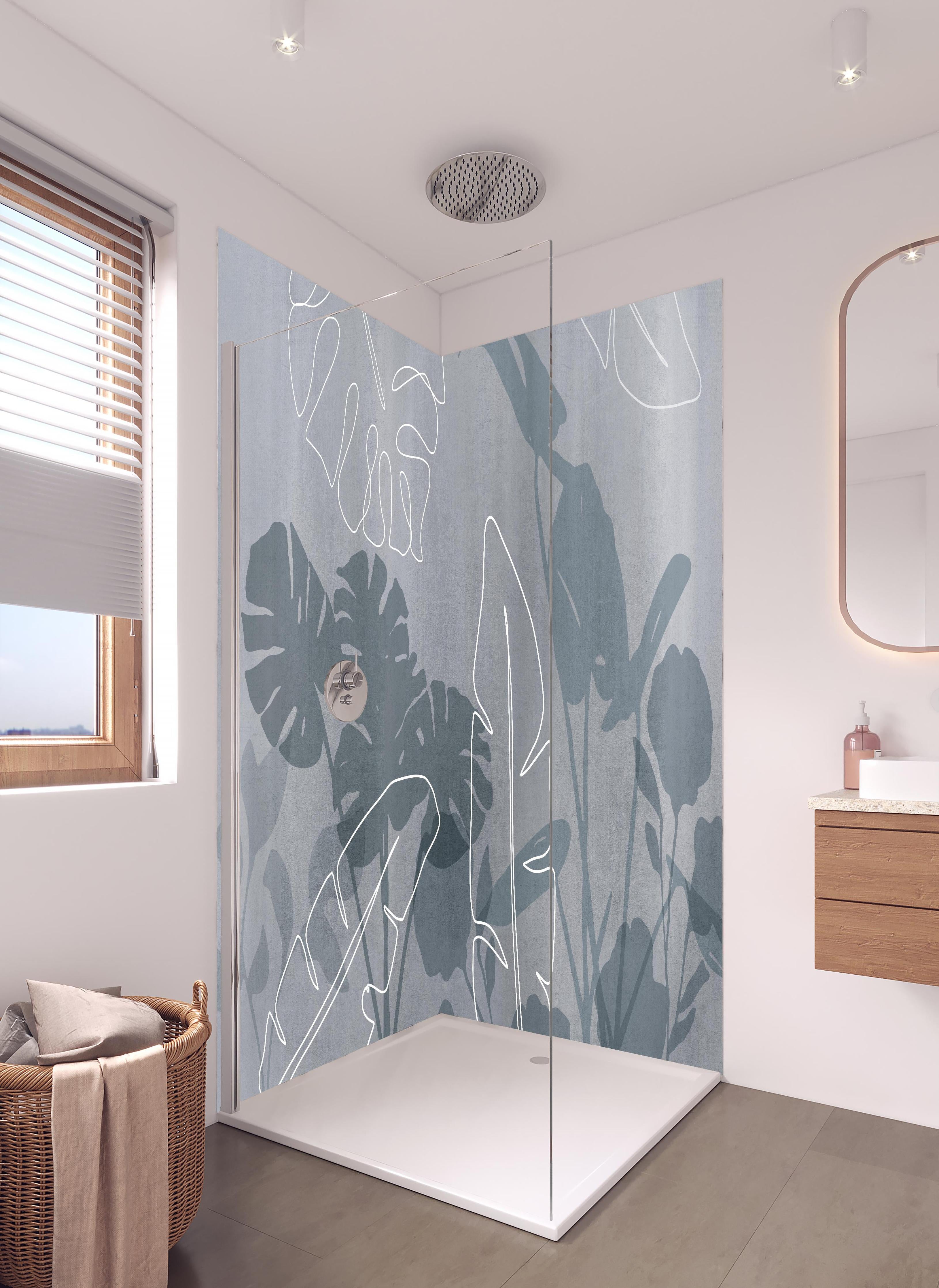 Duschrückwand - Abstrakte Blätter in hellem Badezimmer mit Regenduschkopf - zweiteilige Eck-Duschrückwand