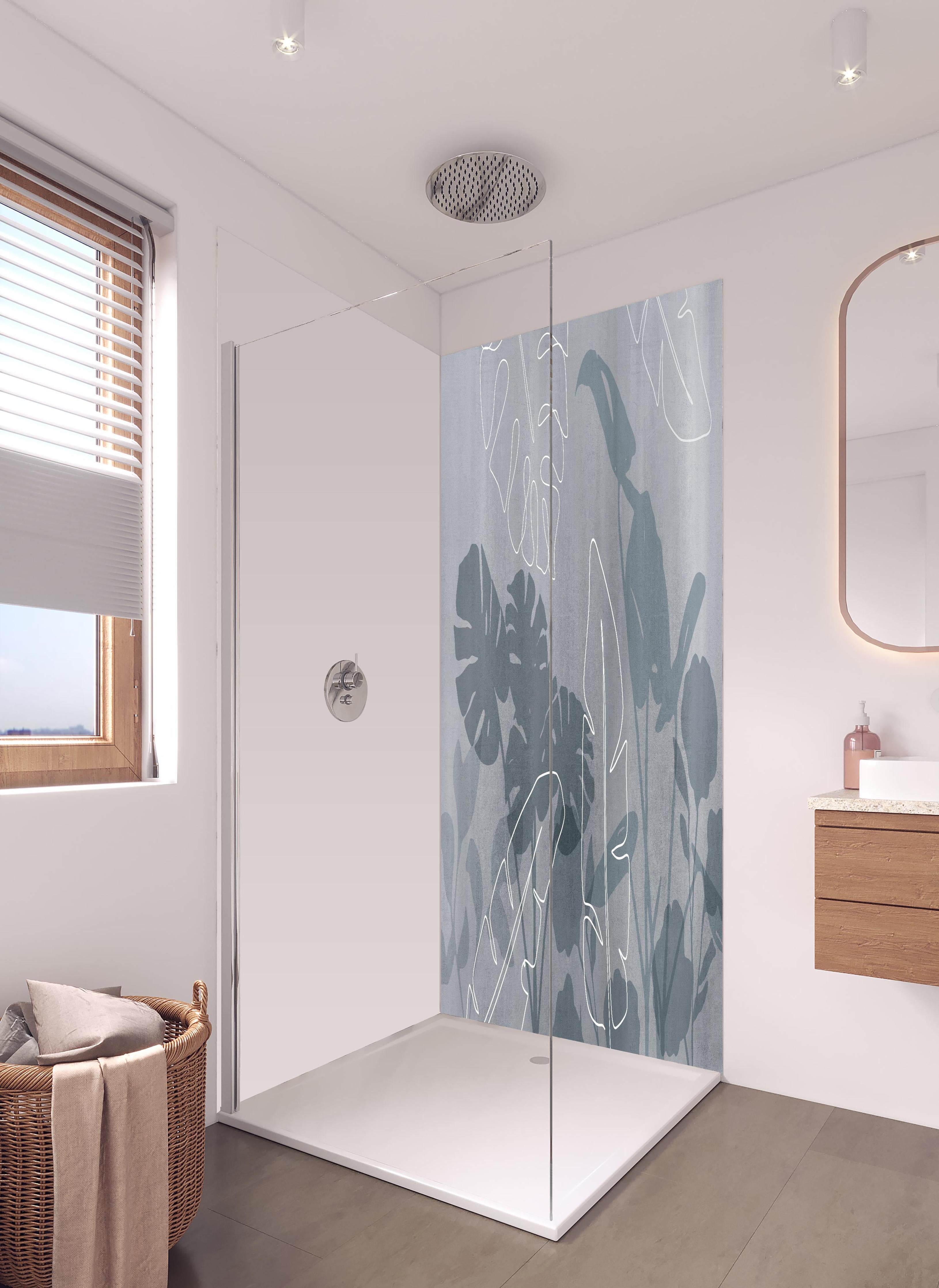 Duschrückwand - Abstrakte Blätter in hellem Badezimmer mit Regenduschkopf - zweiteilige Eck-Duschrückwand