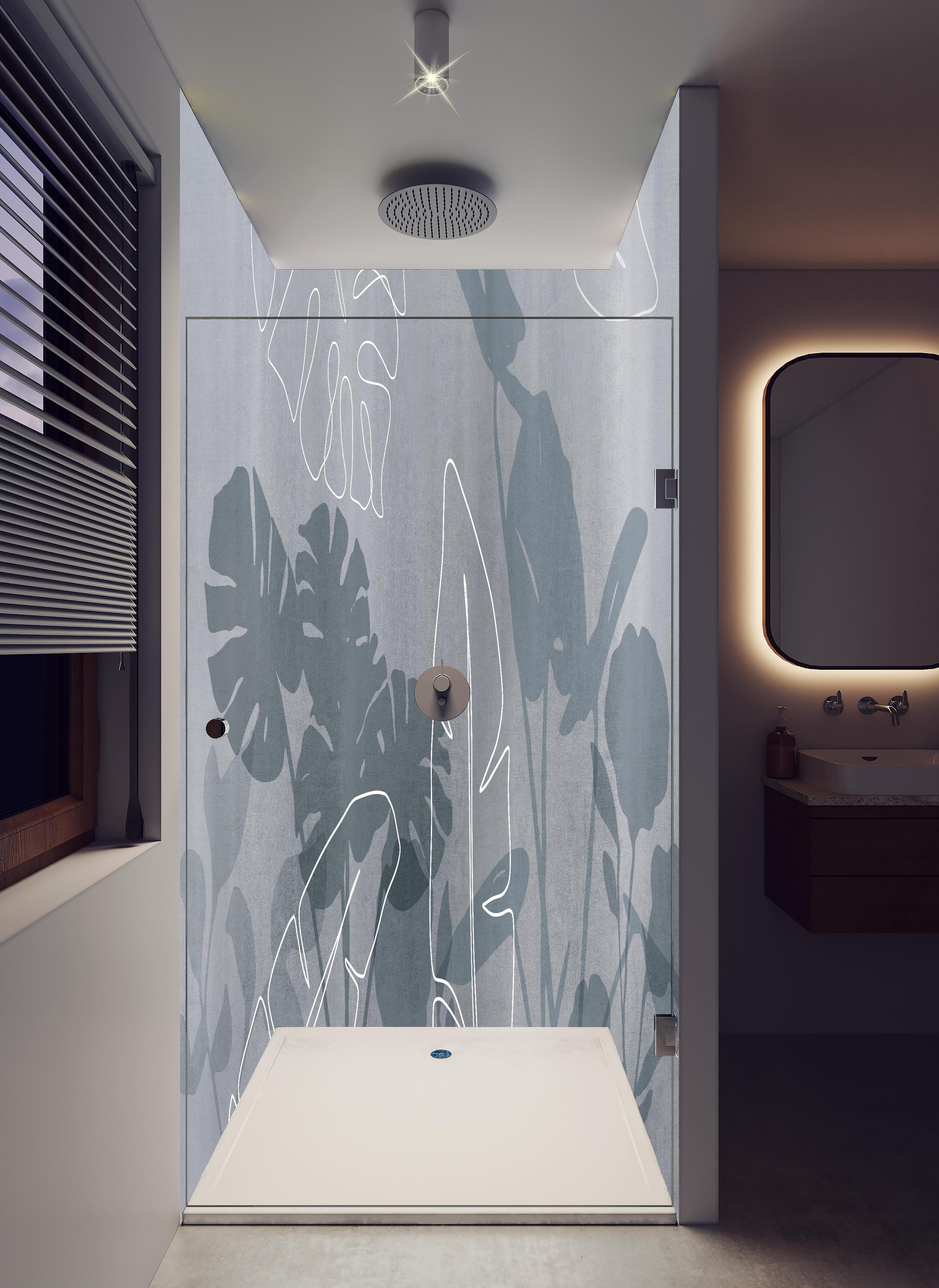 Duschrückwand - Abstrakte Blätter in hellem Badezimmer mit Regenduschkopf - zweiteilige Eck-Duschrückwand