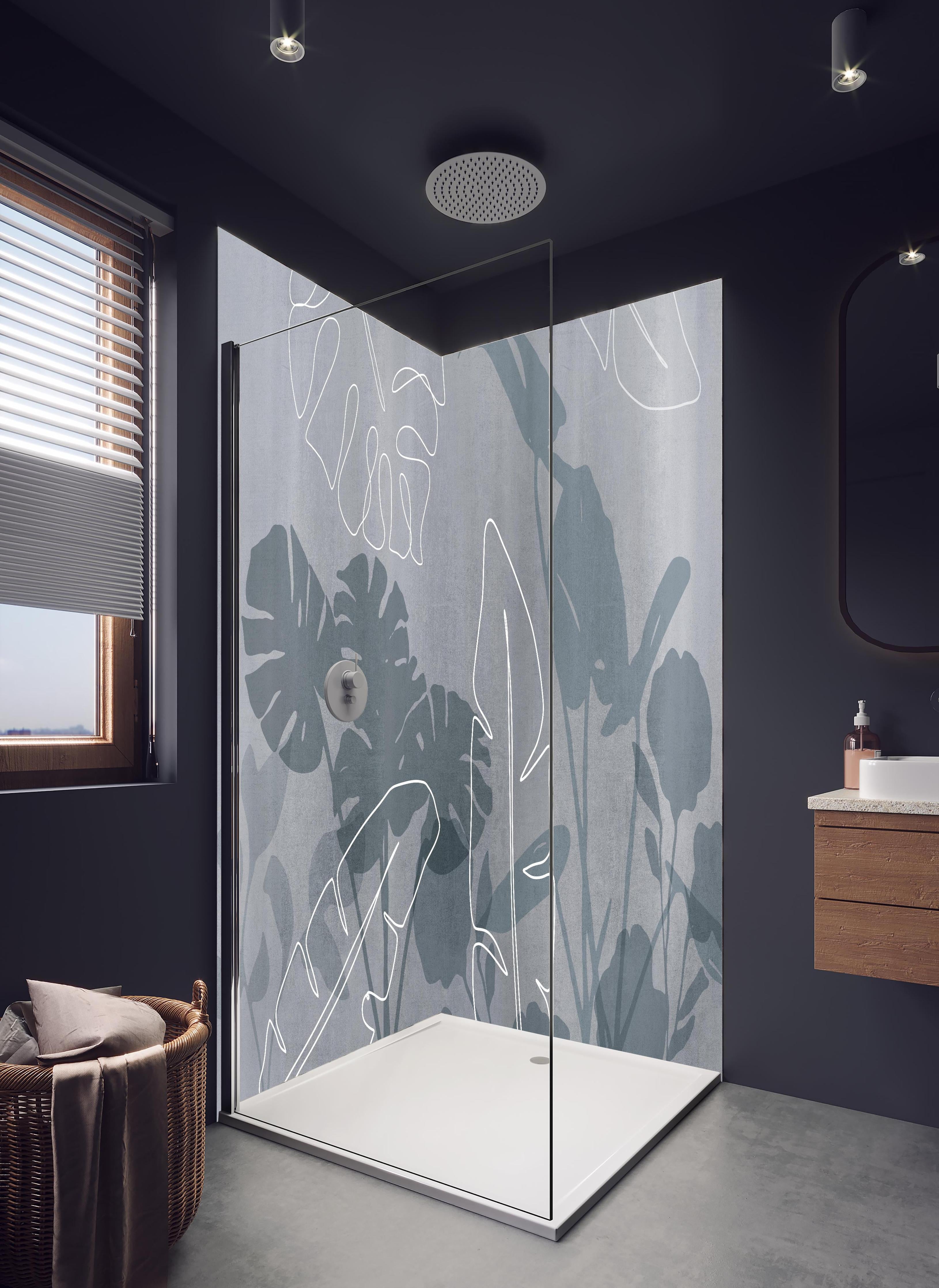 Duschrückwand - Abstrakte Blätter in hellem Badezimmer mit Regenduschkopf - zweiteilige Eck-Duschrückwand