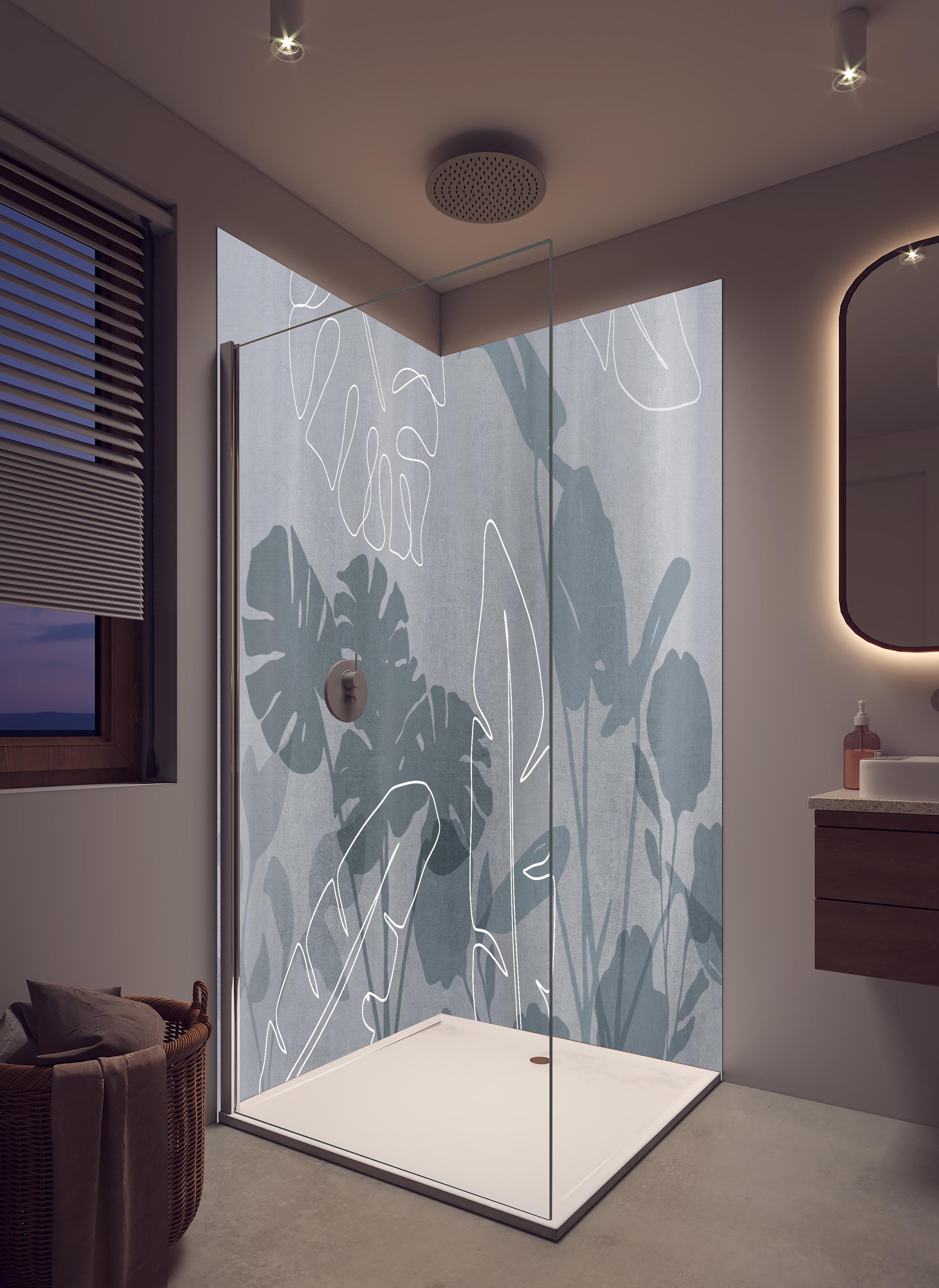 Duschrückwand - Abstrakte Blätter in hellem Badezimmer mit Regenduschkopf - zweiteilige Eck-Duschrückwand