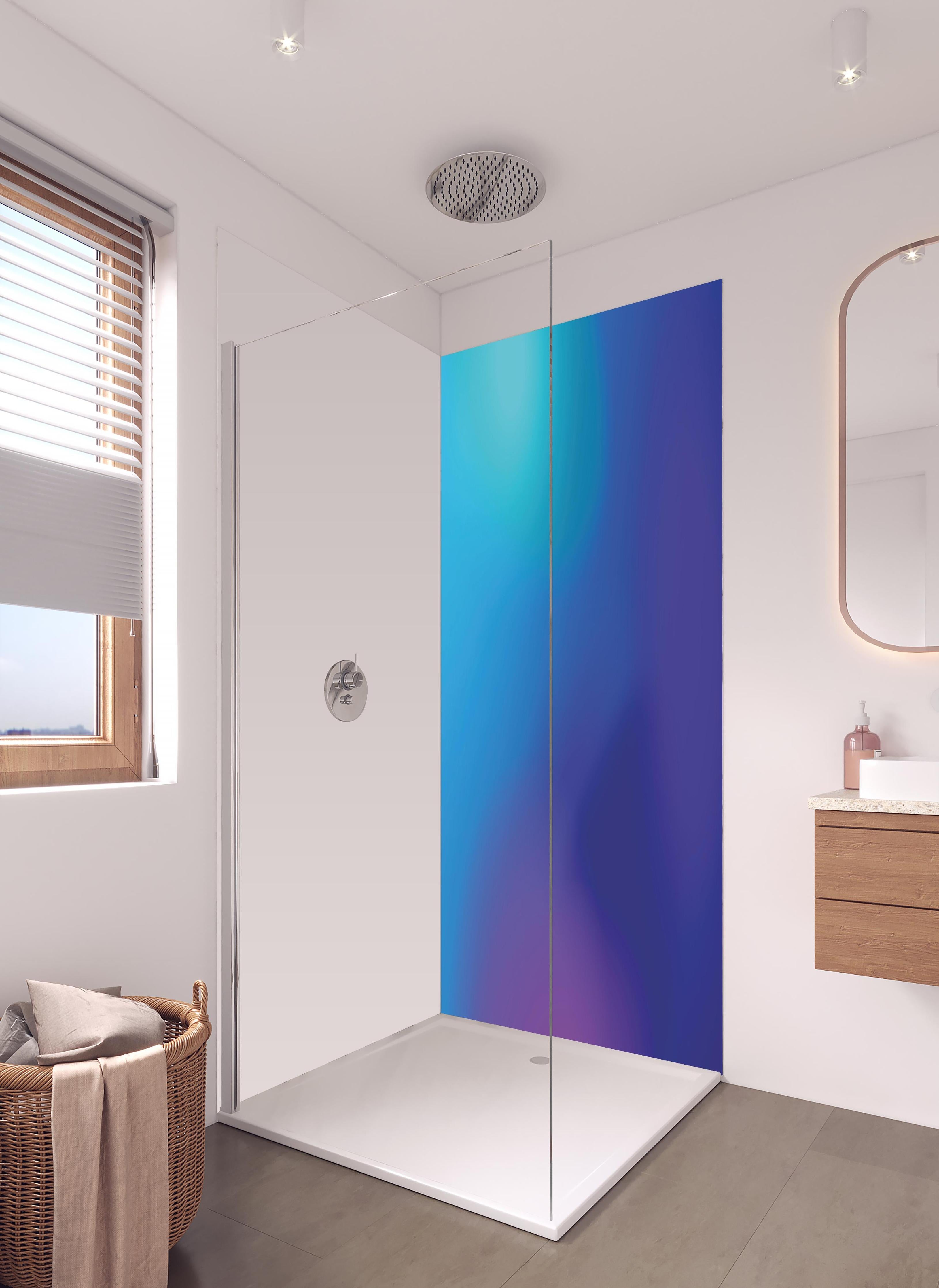 Duschrückwand - Abstrakte Blau-Lila Farbkomposition in hellem Badezimmer mit Regenduschkopf - zweiteilige Eck-Duschrückwand