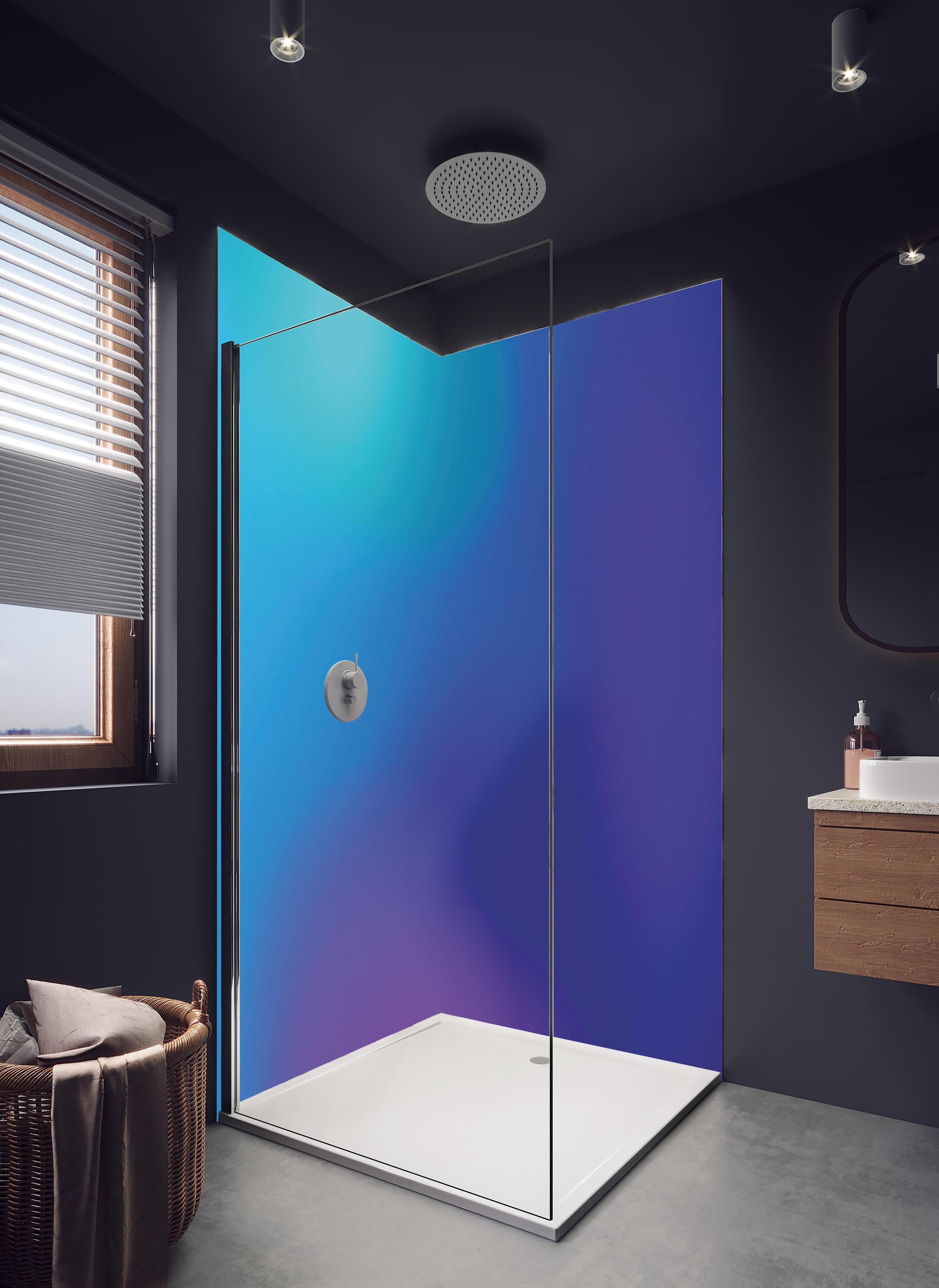 Duschrückwand - Abstrakte Blau-Lila Farbkomposition in hellem Badezimmer mit Regenduschkopf - zweiteilige Eck-Duschrückwand