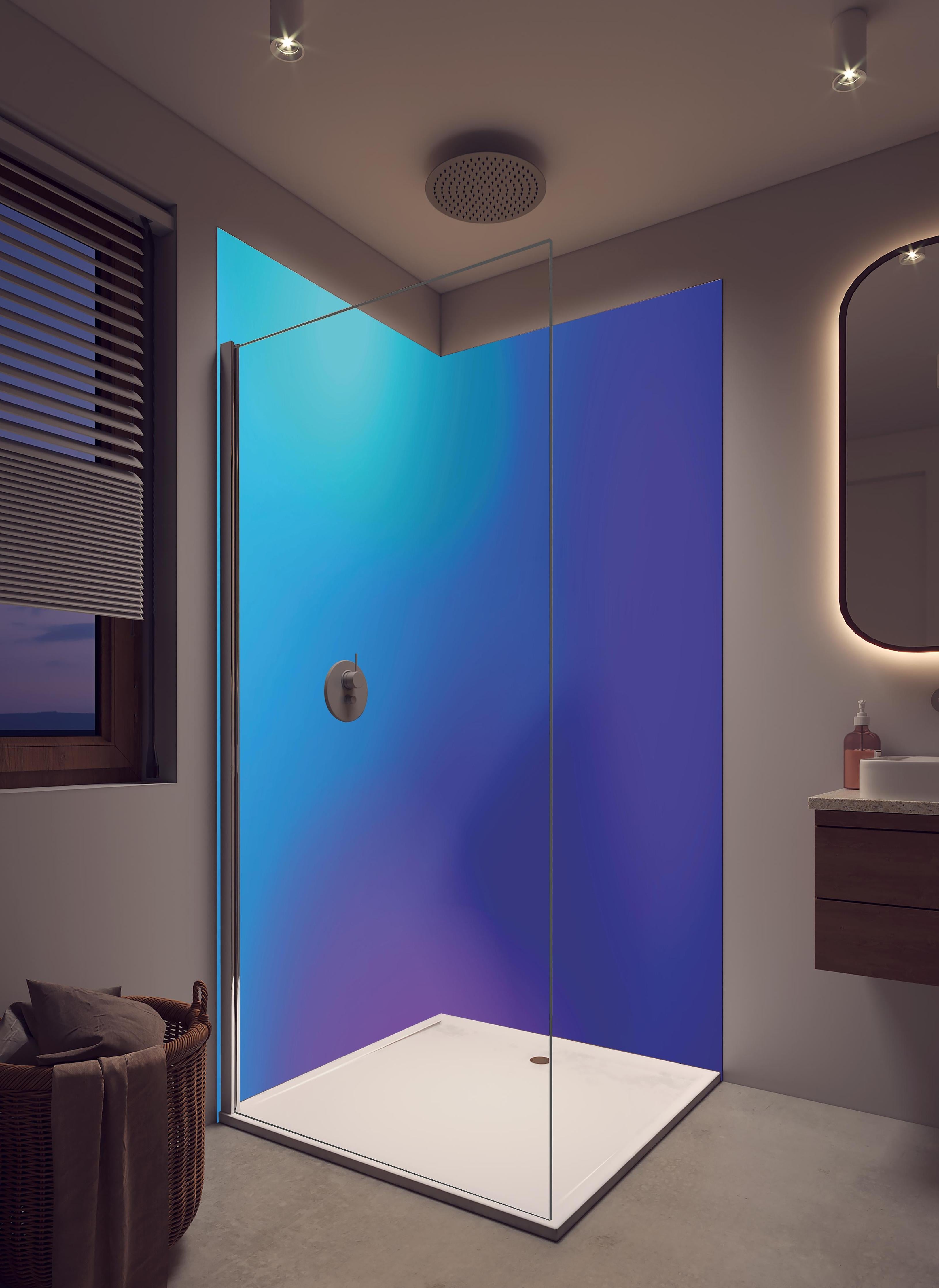 Duschrückwand - Abstrakte Blau-Lila Farbkomposition in hellem Badezimmer mit Regenduschkopf - zweiteilige Eck-Duschrückwand