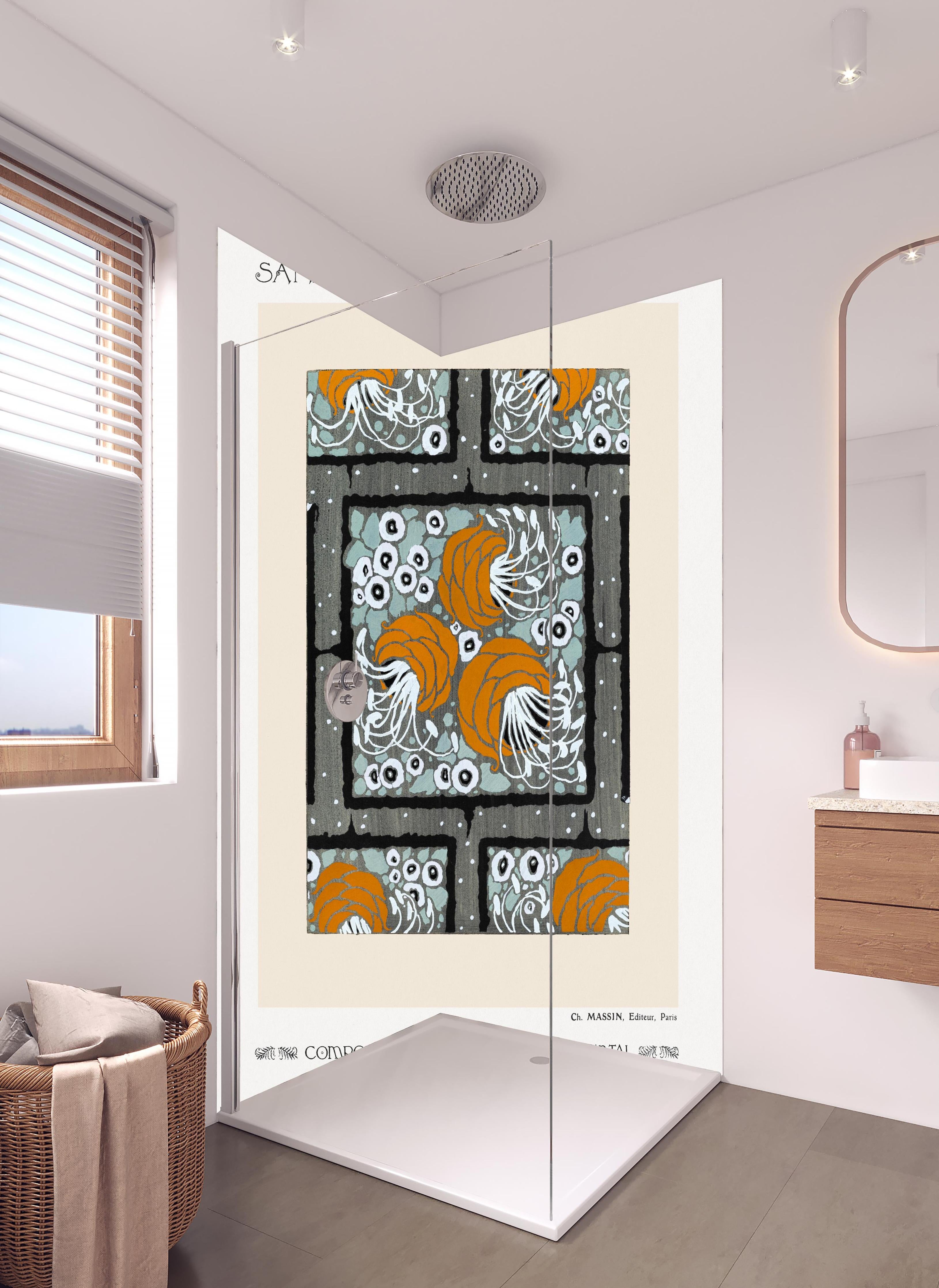 Duschrückwand - Abstrakte Blumentöpfe in hellem Badezimmer mit Regenduschkopf - zweiteilige Eck-Duschrückwand