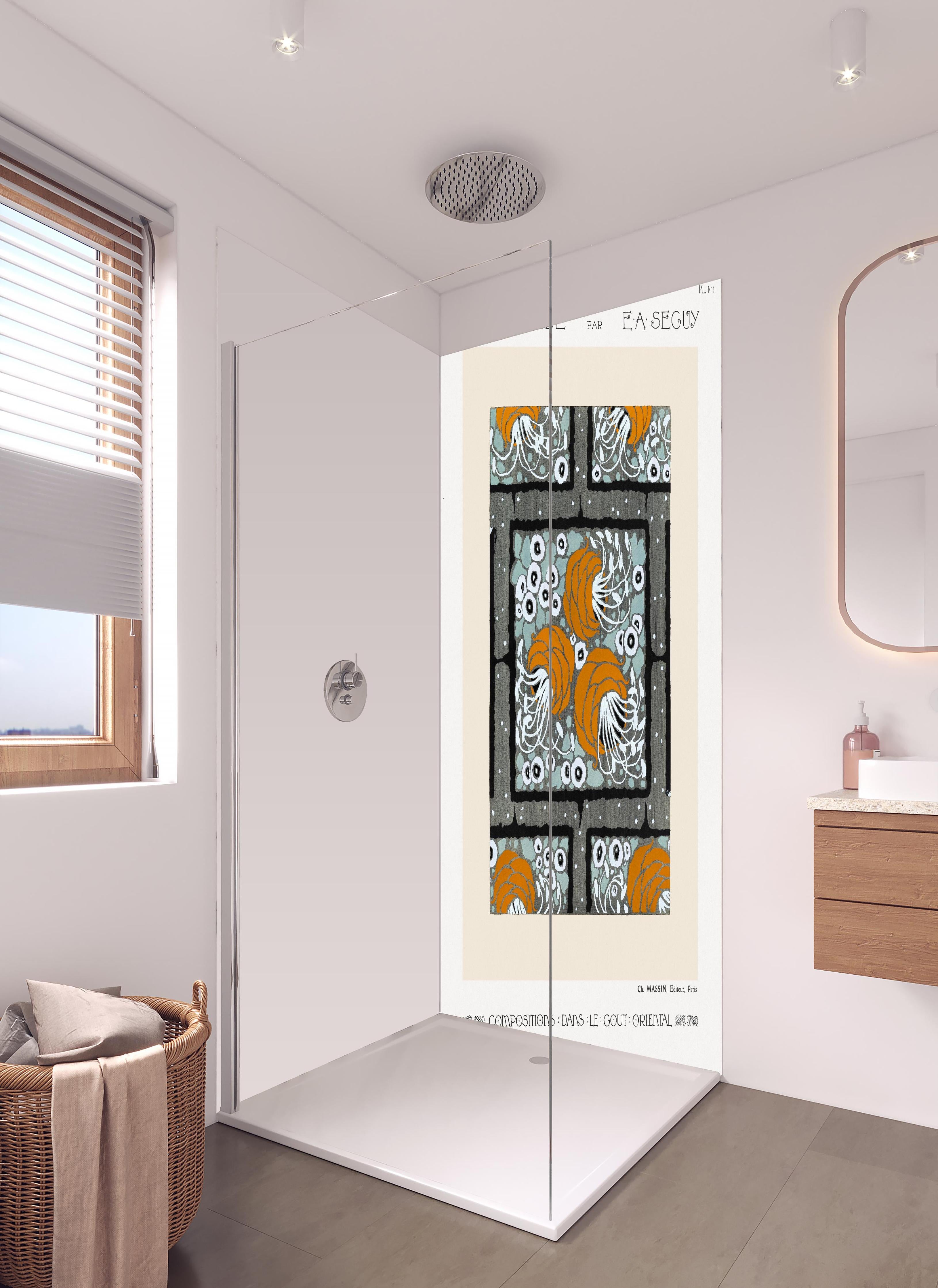 Duschrückwand - Abstrakte Blumentöpfe in hellem Badezimmer mit Regenduschkopf - zweiteilige Eck-Duschrückwand