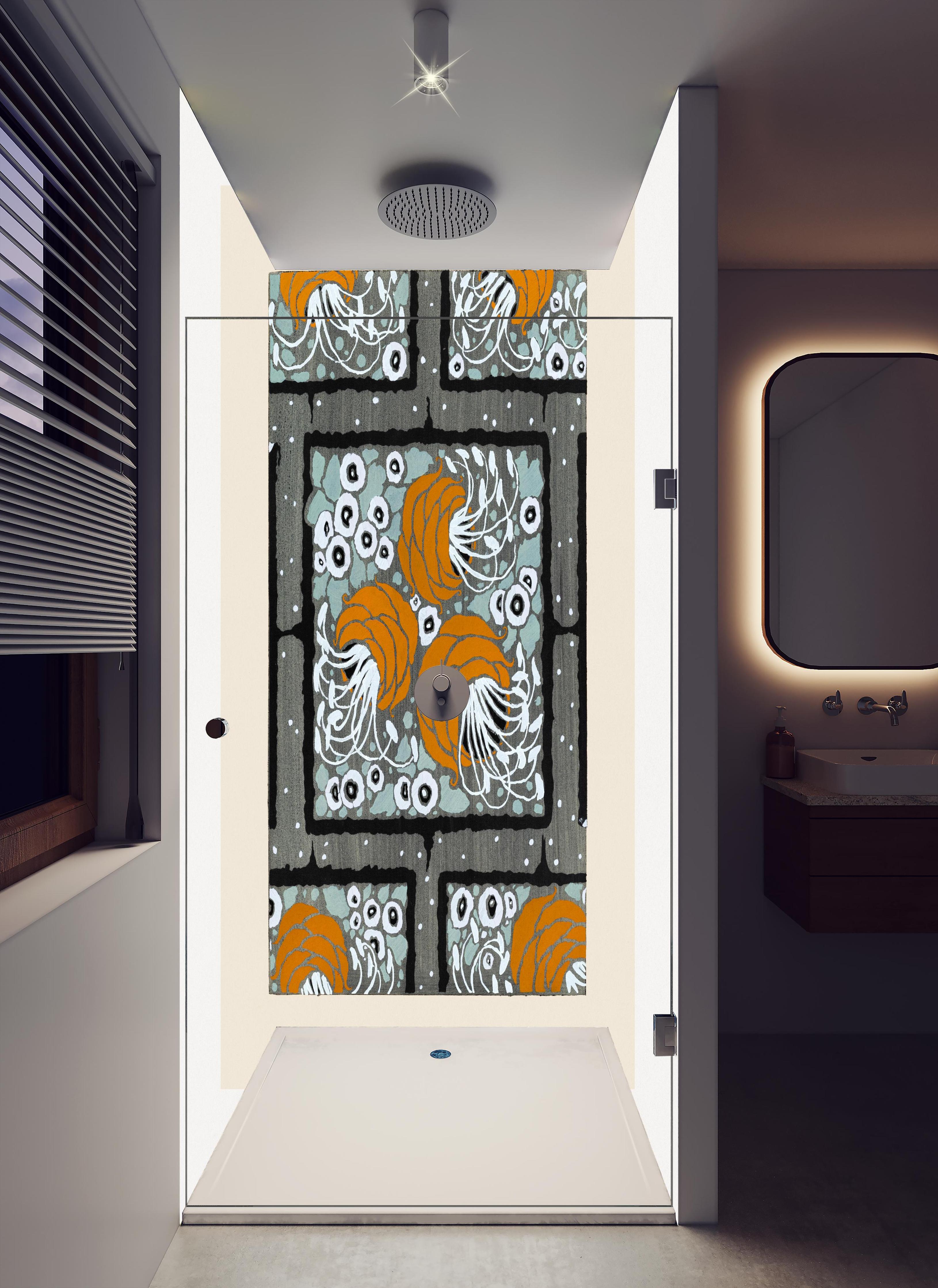 Duschrückwand - Abstrakte Blumentöpfe in hellem Badezimmer mit Regenduschkopf - zweiteilige Eck-Duschrückwand