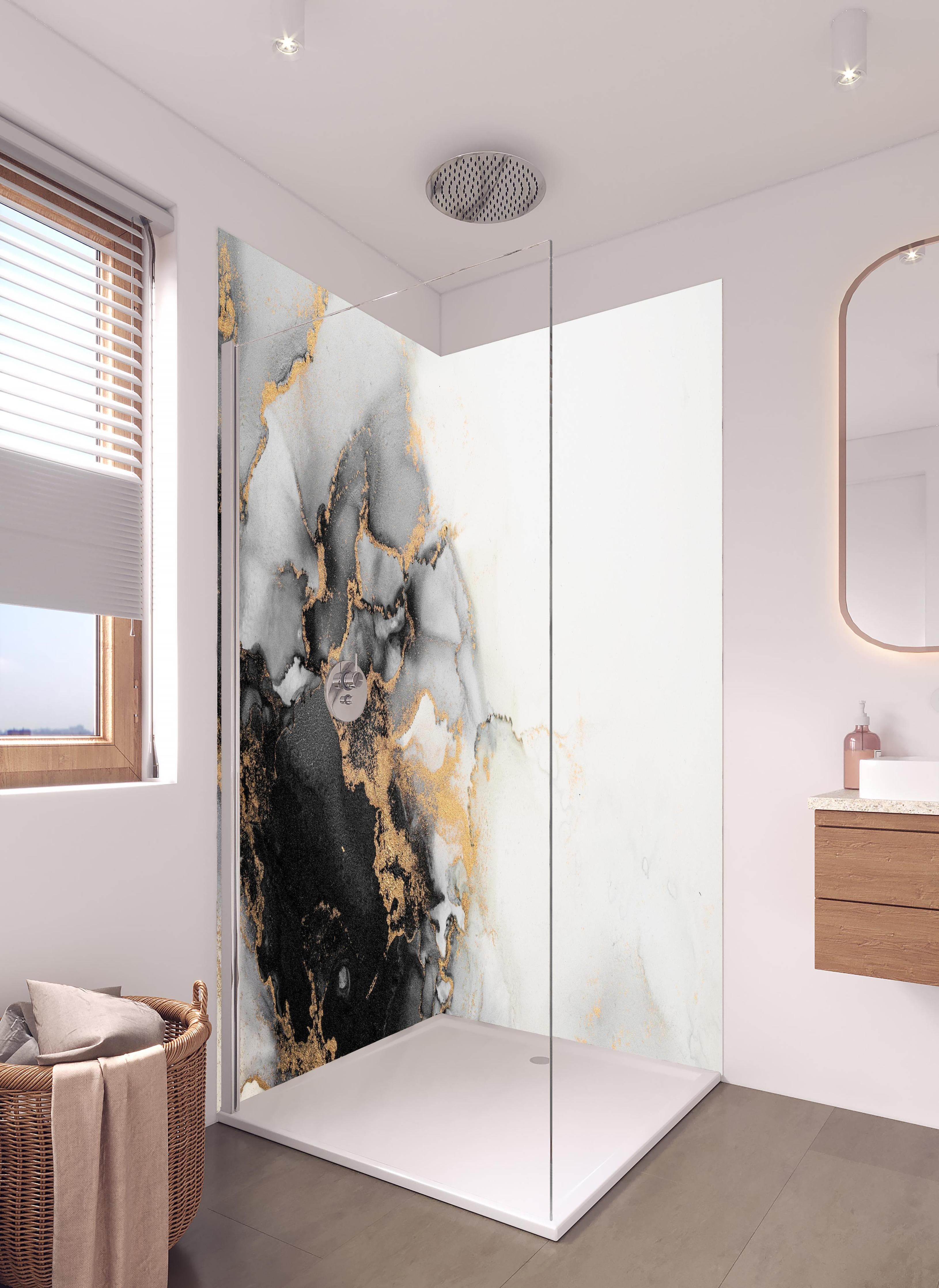 Duschrückwand - Abstrakte Flüssigkunst - Marmor in hellem Badezimmer mit Regenduschkopf - zweiteilige Eck-Duschrückwand