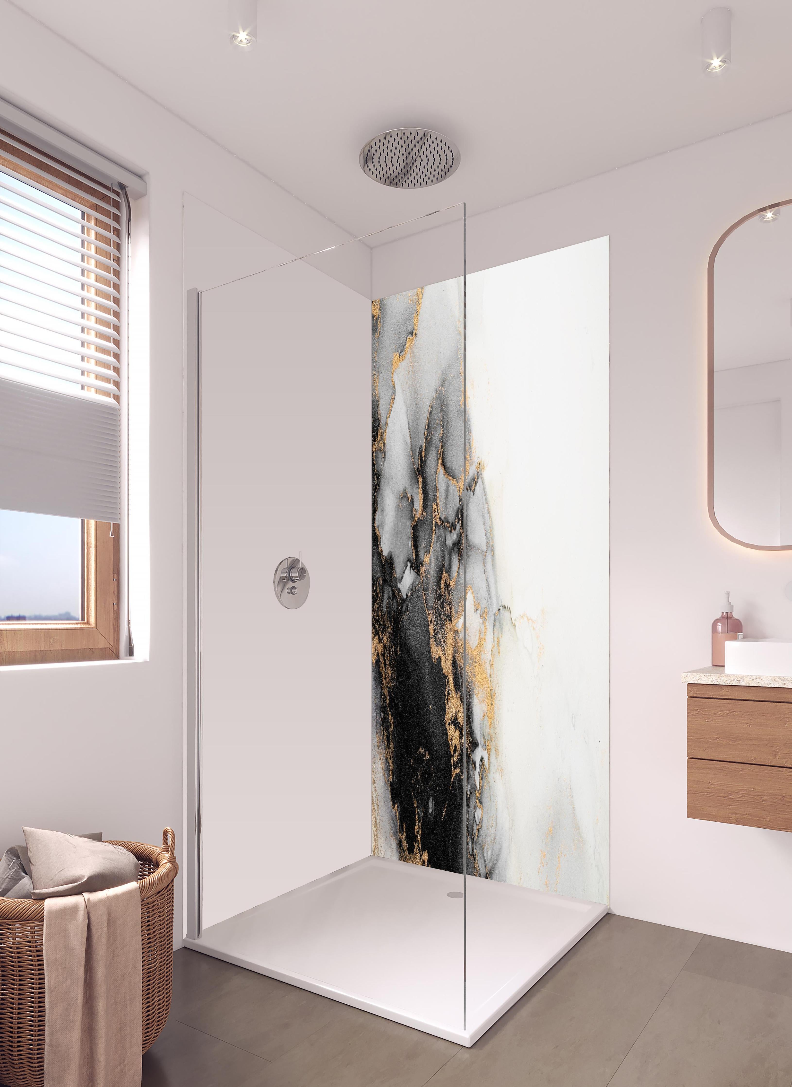 Duschrückwand - Abstrakte Flüssigkunst - Marmor in hellem Badezimmer mit Regenduschkopf - zweiteilige Eck-Duschrückwand