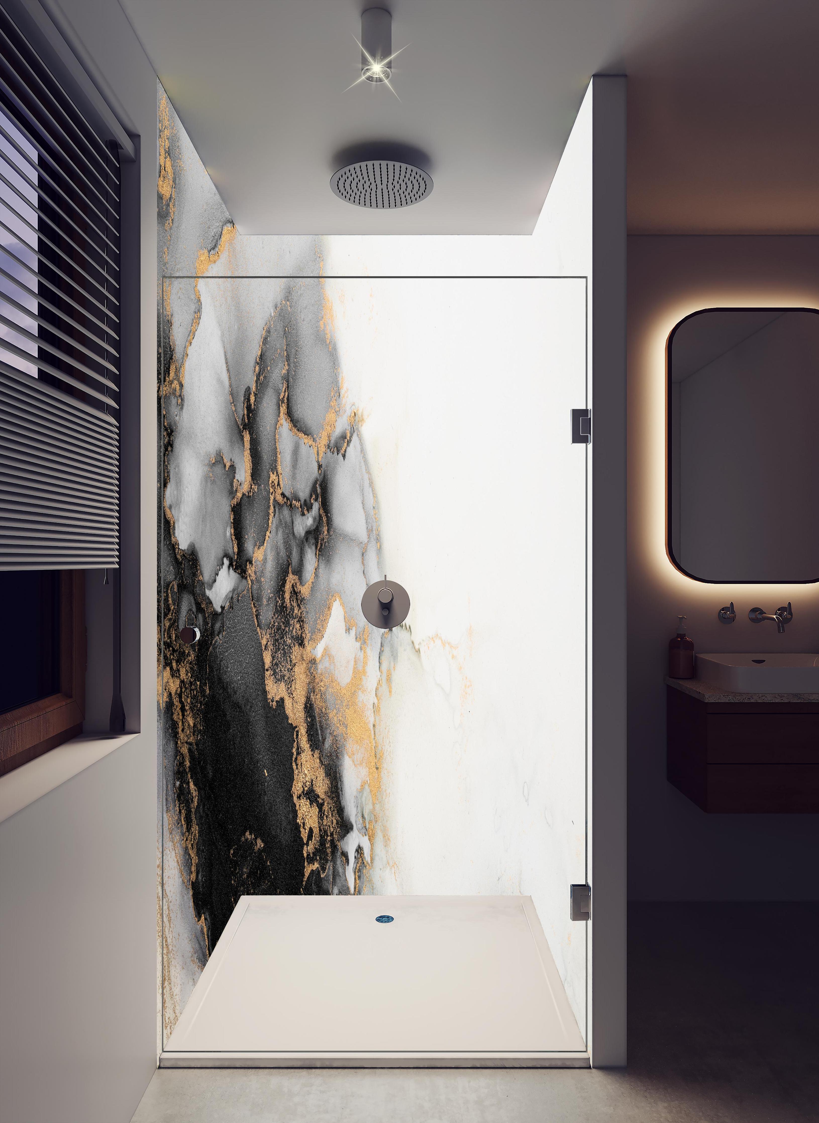 Duschrückwand - Abstrakte Flüssigkunst - Marmor in hellem Badezimmer mit Regenduschkopf - zweiteilige Eck-Duschrückwand