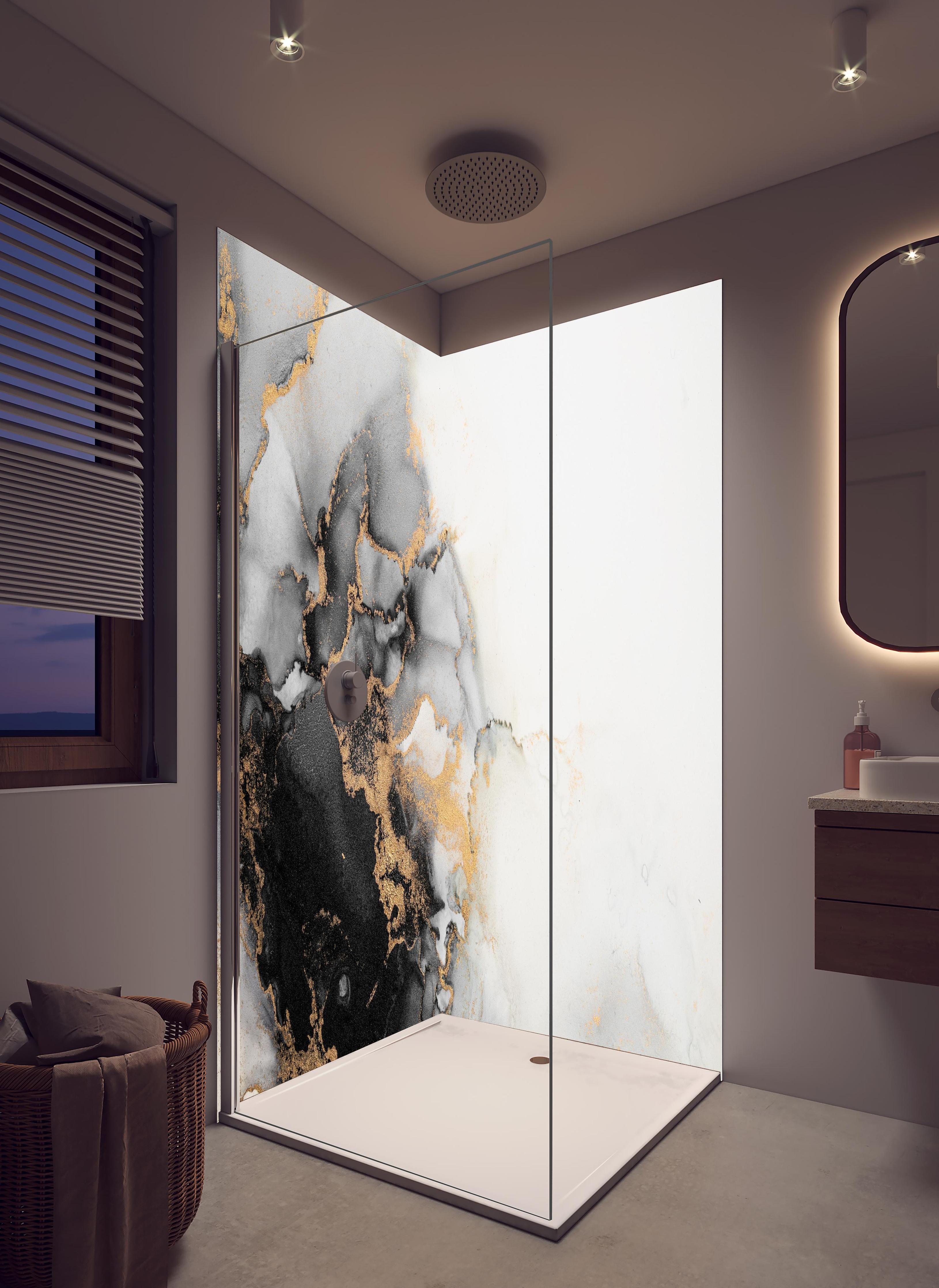 Duschrückwand - Abstrakte Flüssigkunst - Marmor in hellem Badezimmer mit Regenduschkopf - zweiteilige Eck-Duschrückwand