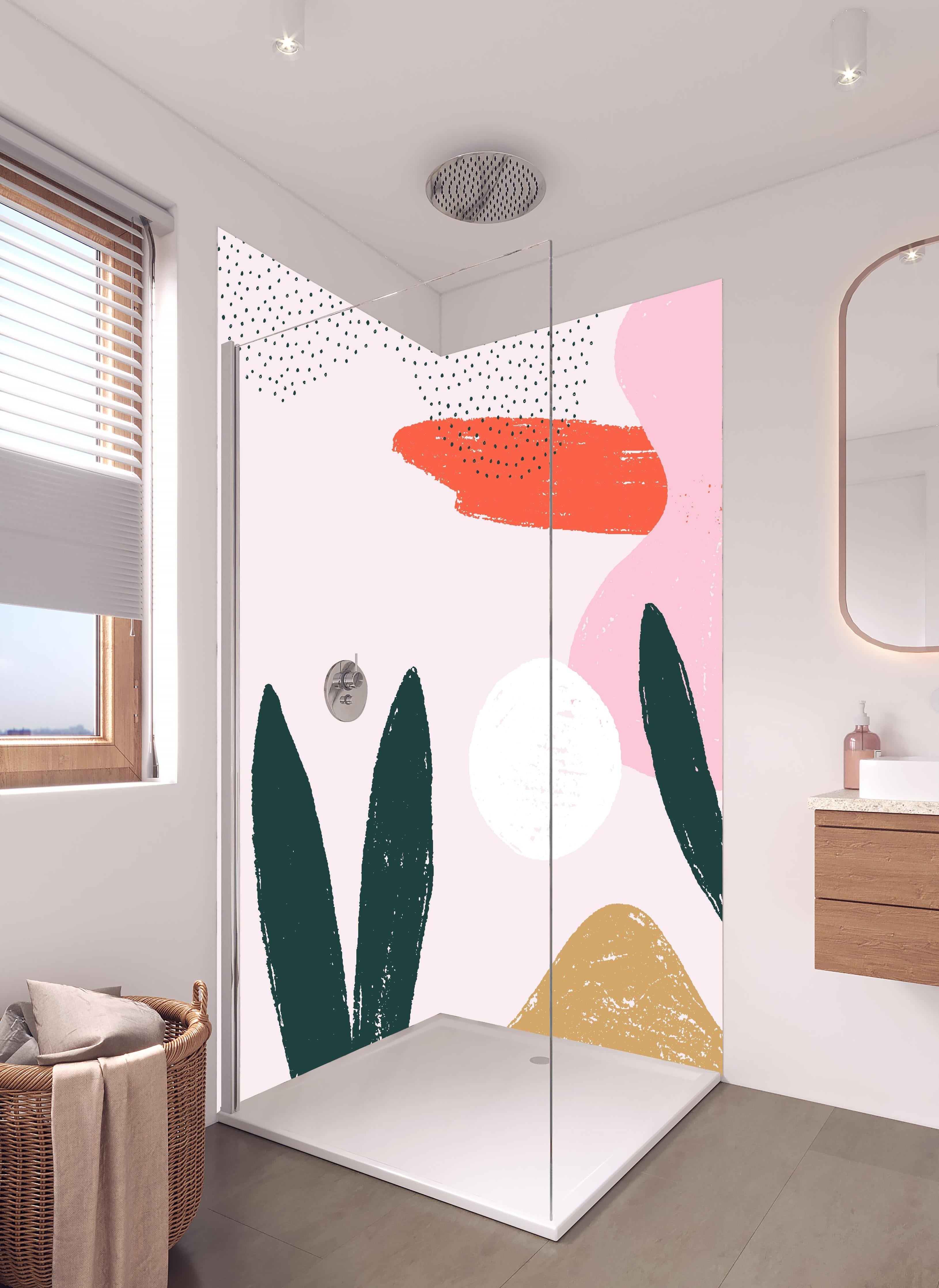 Duschrückwand - Abstrakte Formen und Farbspiele in Pink in hellem Badezimmer mit Regenduschkopf - zweiteilige Eck-Duschrückwand