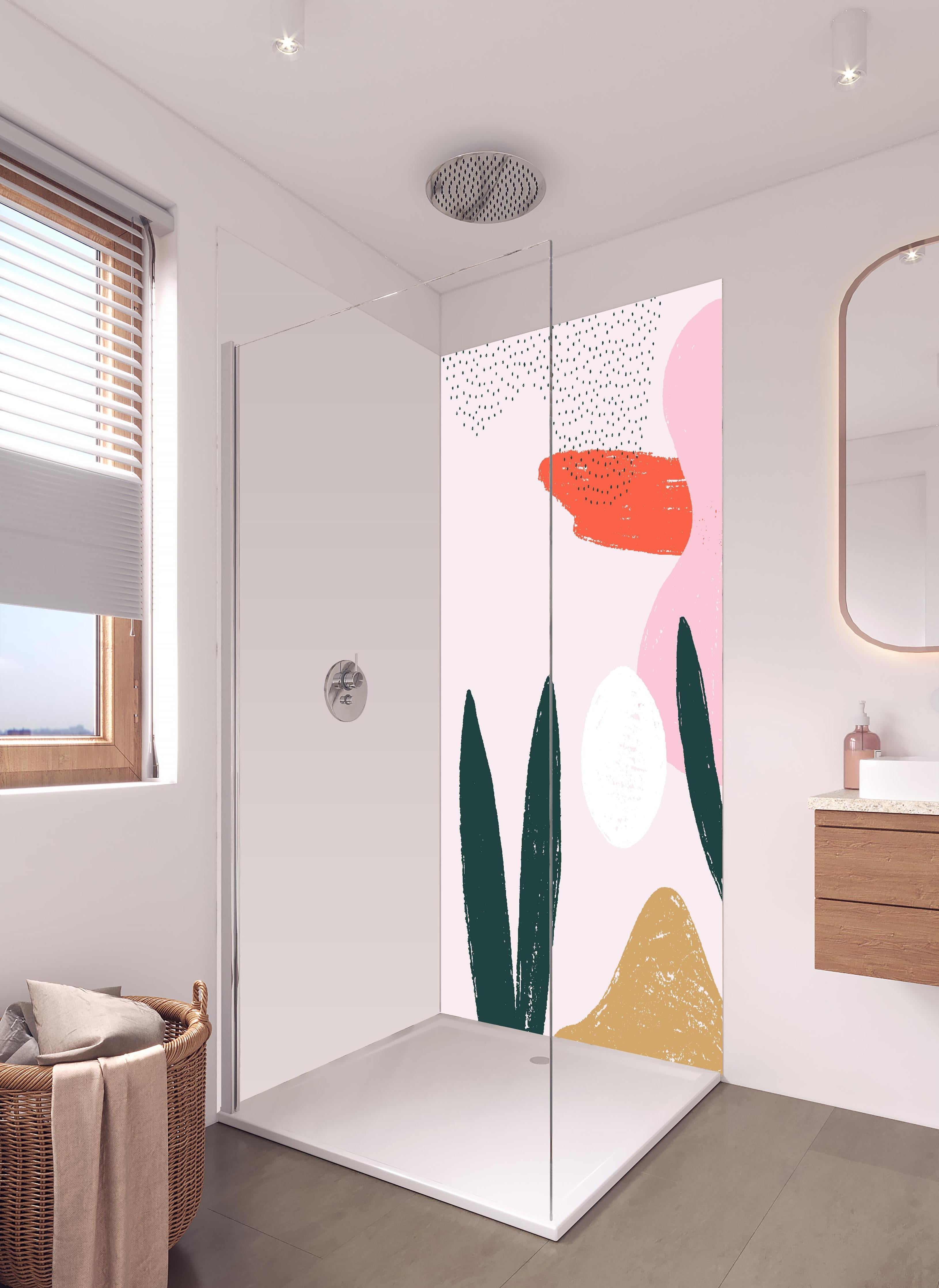 Duschrückwand - Abstrakte Formen und Farbspiele in Pink in hellem Badezimmer mit Regenduschkopf - zweiteilige Eck-Duschrückwand