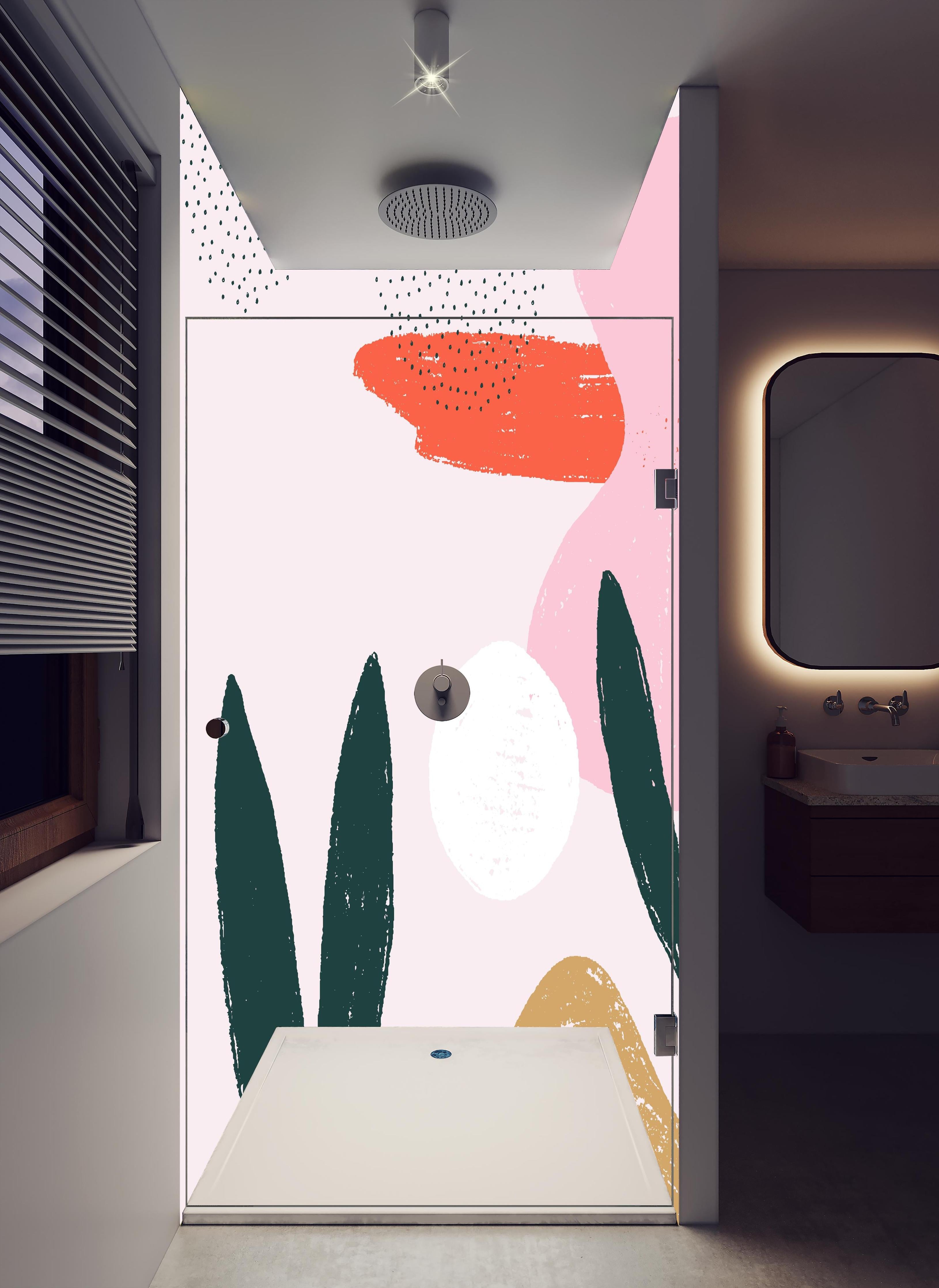 Duschrückwand - Abstrakte Formen und Farbspiele in Pink in hellem Badezimmer mit Regenduschkopf - zweiteilige Eck-Duschrückwand