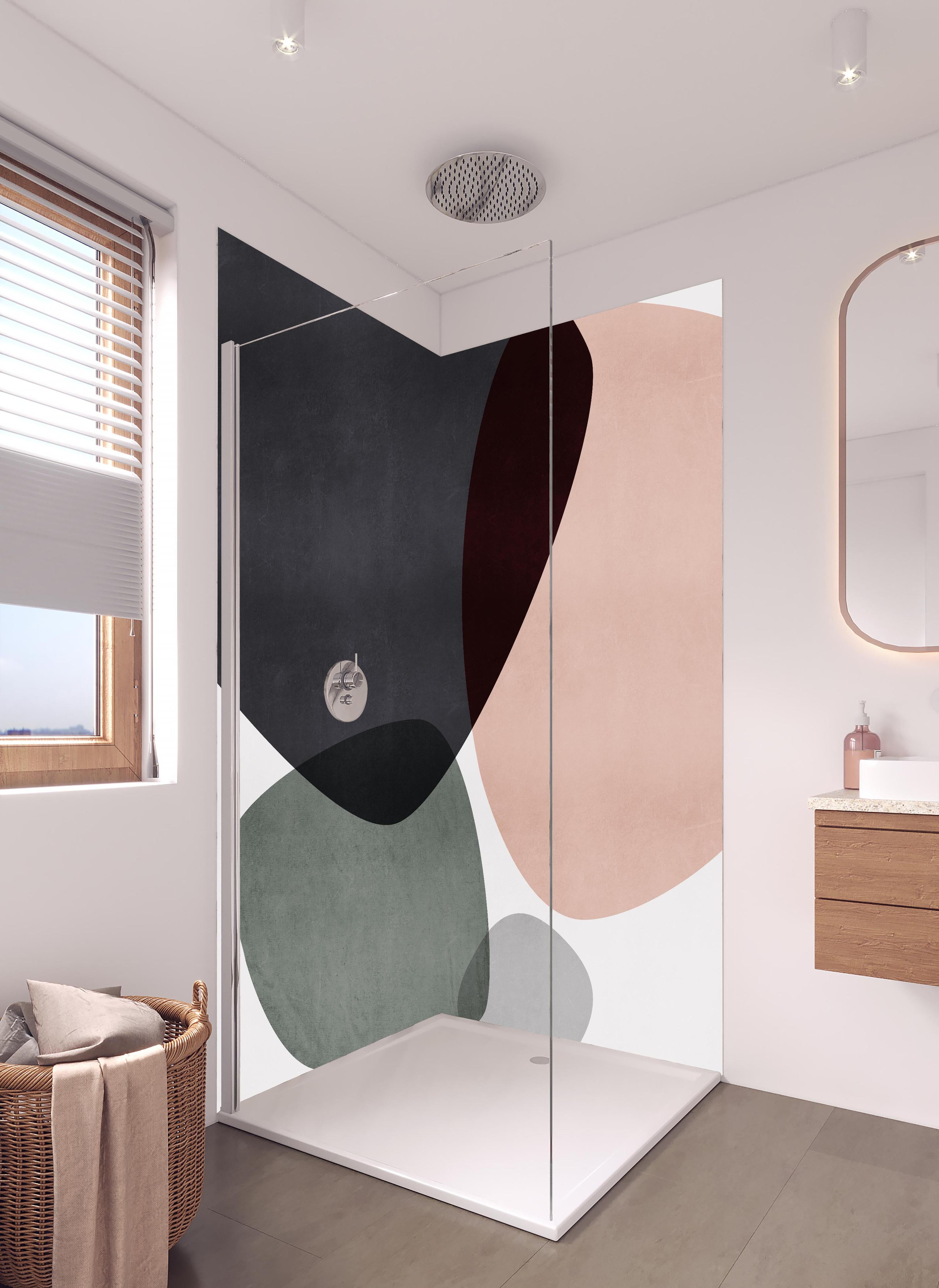 Duschrückwand - Abstrakte Geometrie in Pastellfarben in hellem Badezimmer mit Regenduschkopf - zweiteilige Eck-Duschrückwand